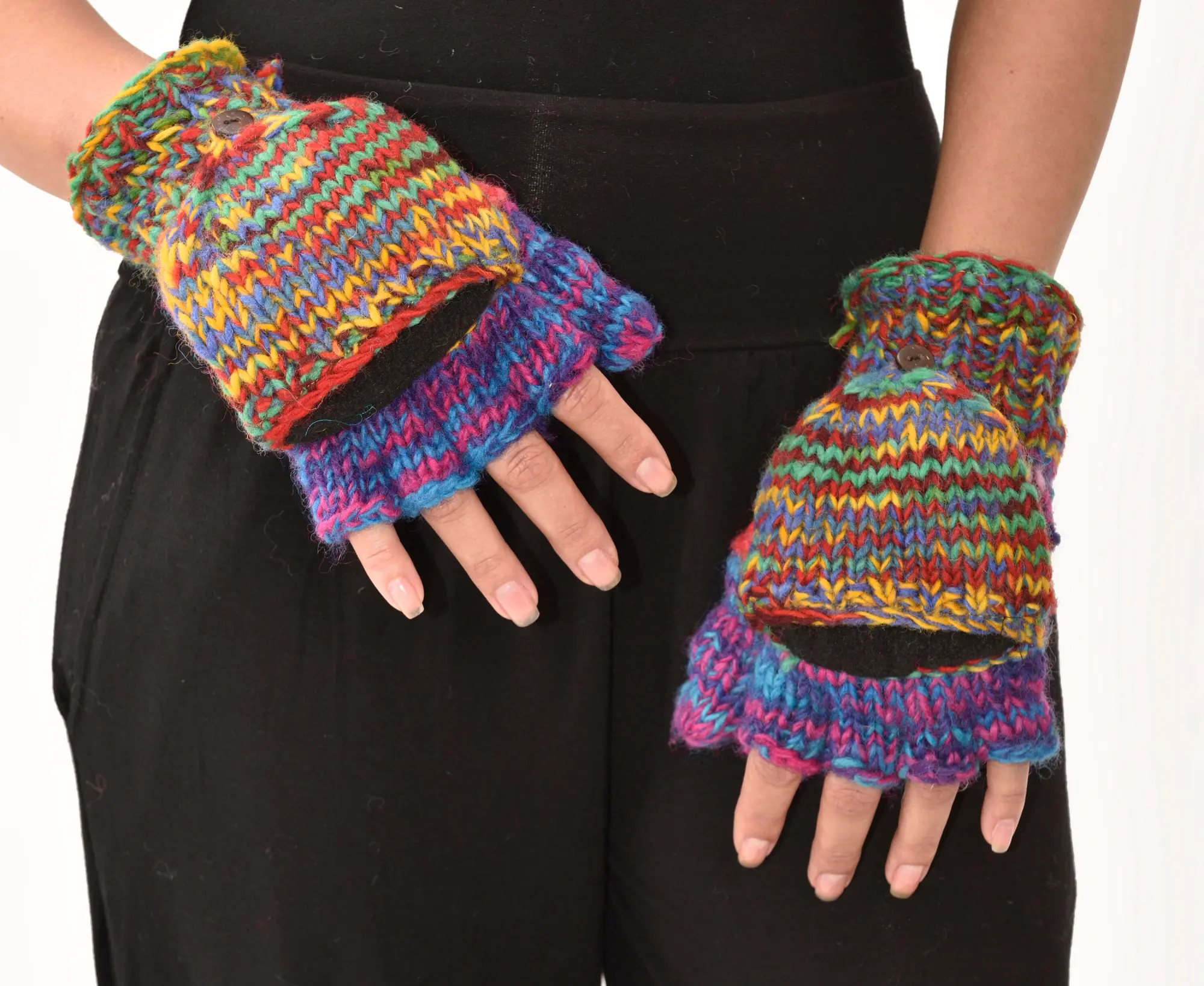 Hand Knitted 100% Merino Wool Flip Top Snowboard Finger less Ski Polar Fleece Lined Fingerless Nepalese Mittens Convertible Texting Gloves