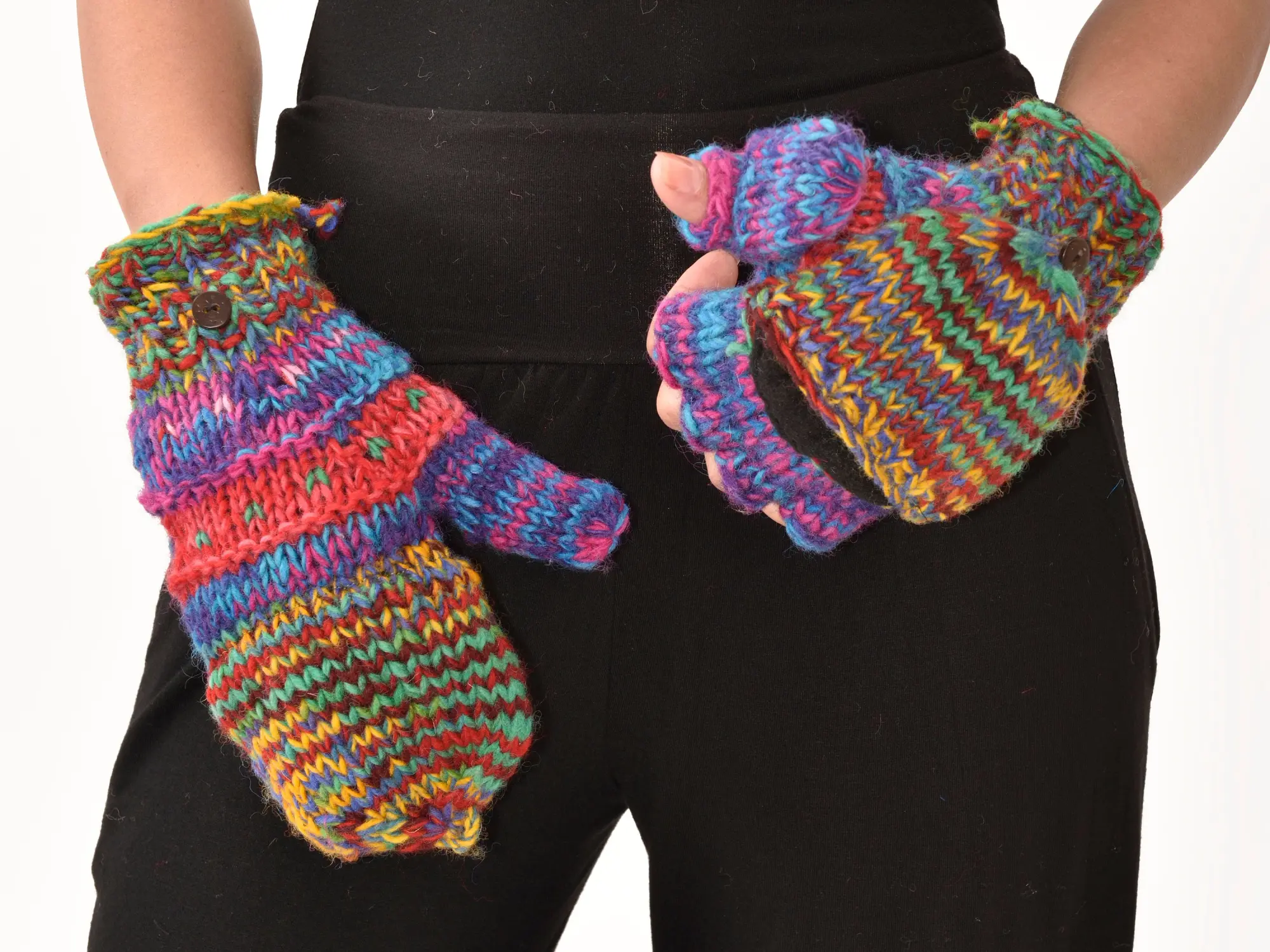 Hand Knitted 100% Merino Wool Flip Top Snowboard Finger less Ski Polar Fleece Lined Fingerless Nepalese Mittens Convertible Texting Gloves