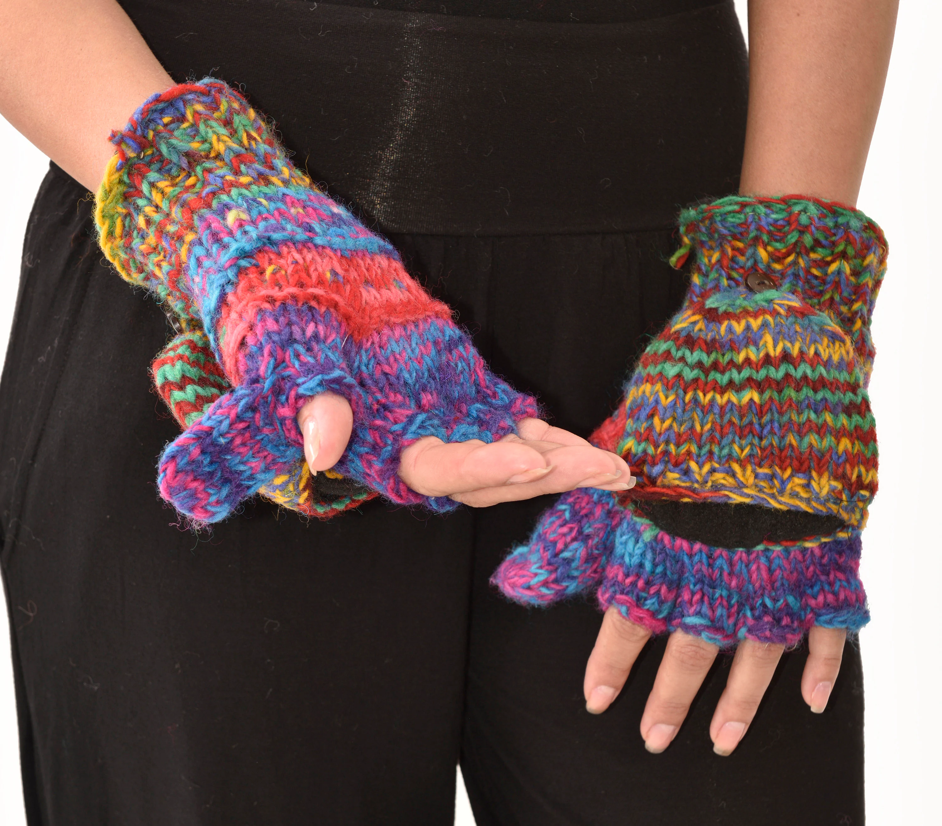 Hand Knitted 100% Merino Wool Flip Top Snowboard Finger less Ski Polar Fleece Lined Fingerless Nepalese Mittens Convertible Texting Gloves