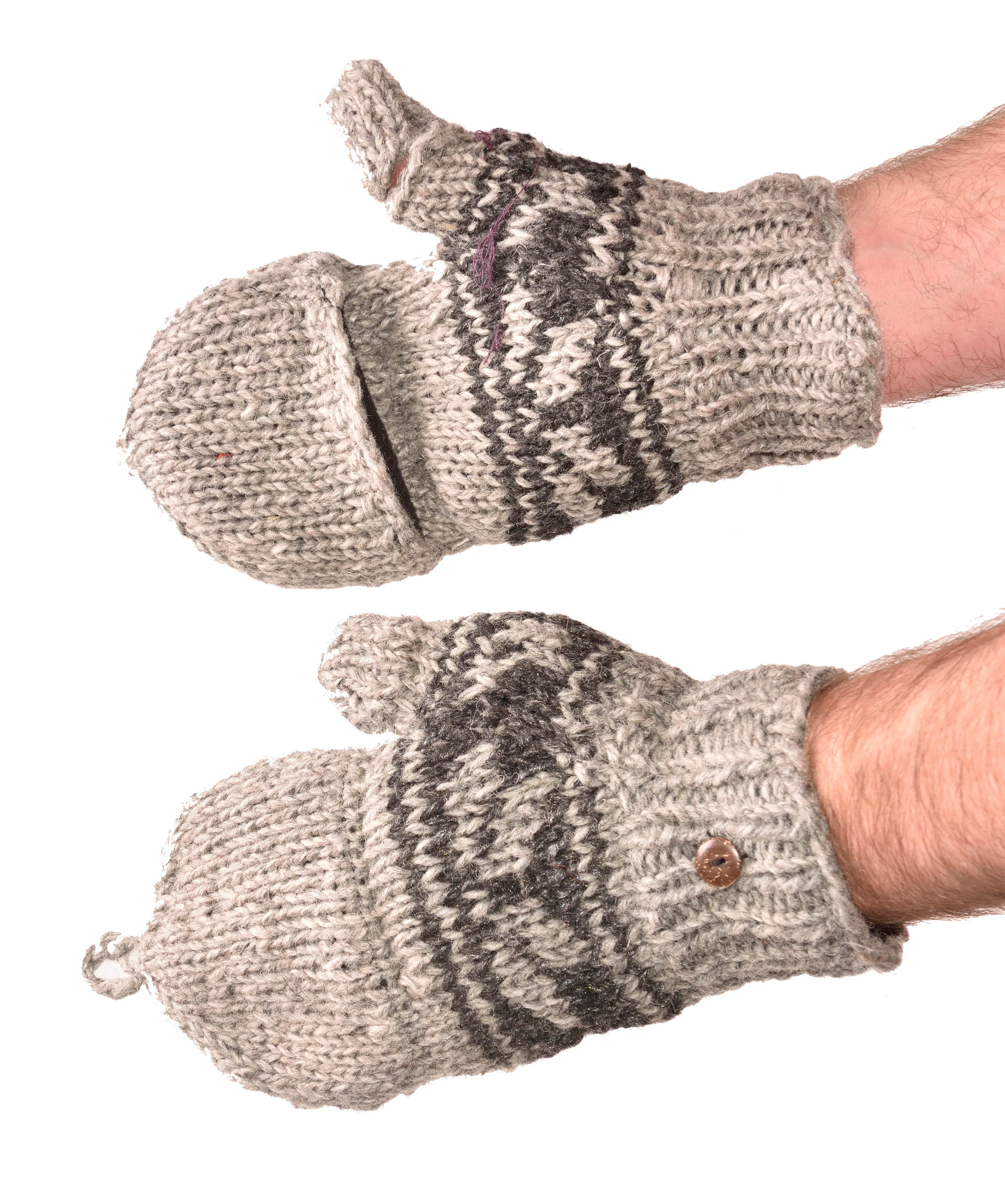 Hand Made 100% Merino Wool Flip Top Snowboard Finger less Ski Polar Fleece Lined Fingerless Nepalese Mittens Convertible Texting Gloves