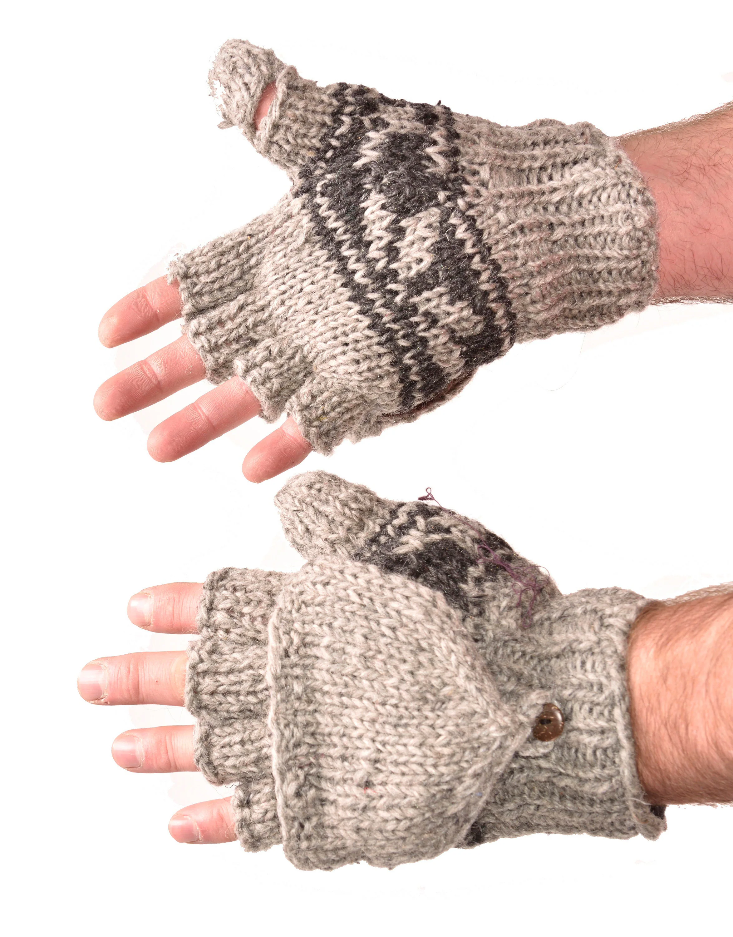 Hand Made 100% Merino Wool Flip Top Snowboard Finger less Ski Polar Fleece Lined Fingerless Nepalese Mittens Convertible Texting Gloves