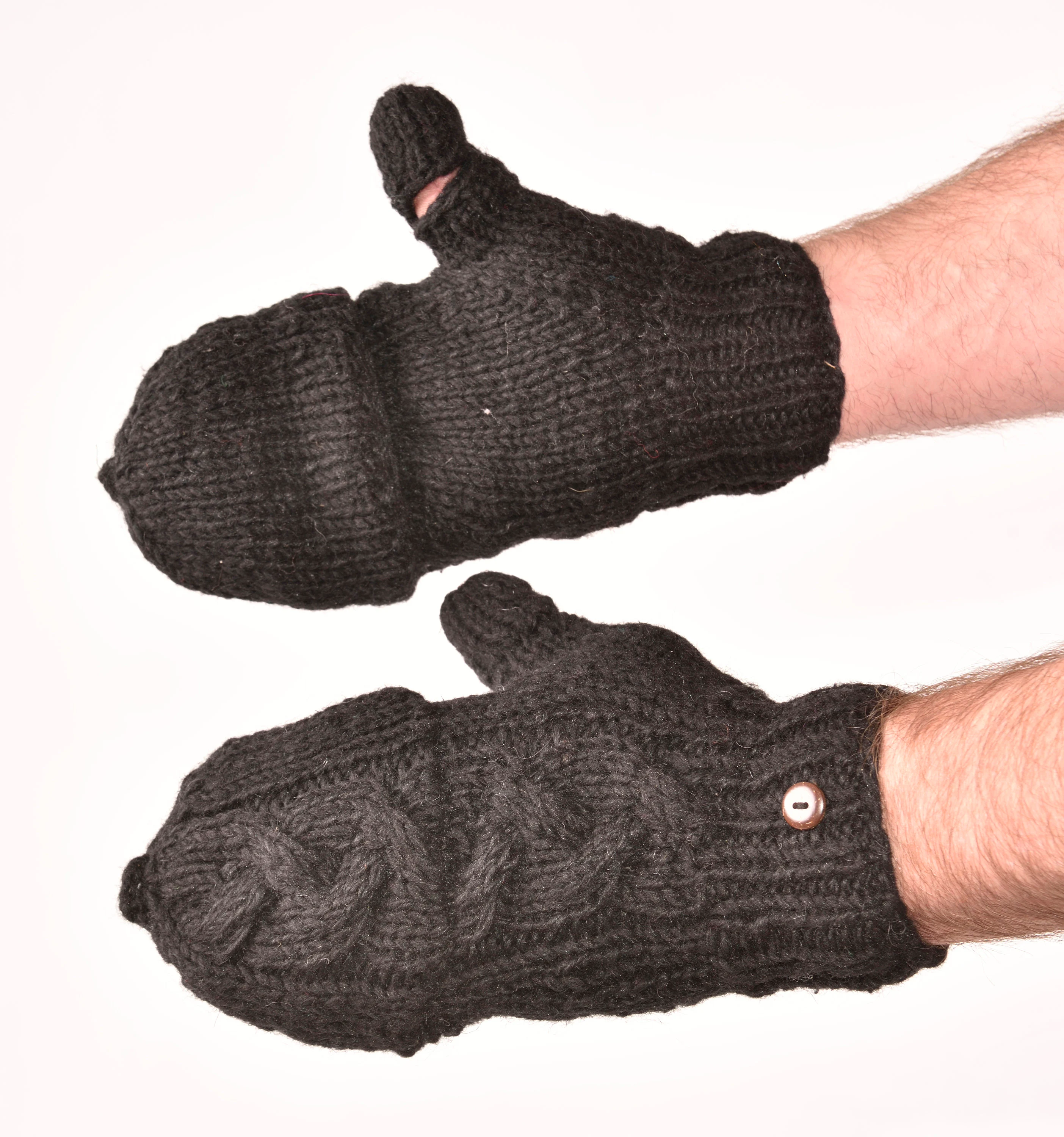 Hand Knitted Cable 100% Merino Wool Flip Top Snowboard Finger less Ski Fleece Lined Fingerless Mittens Convertible Black Texting Gloves
