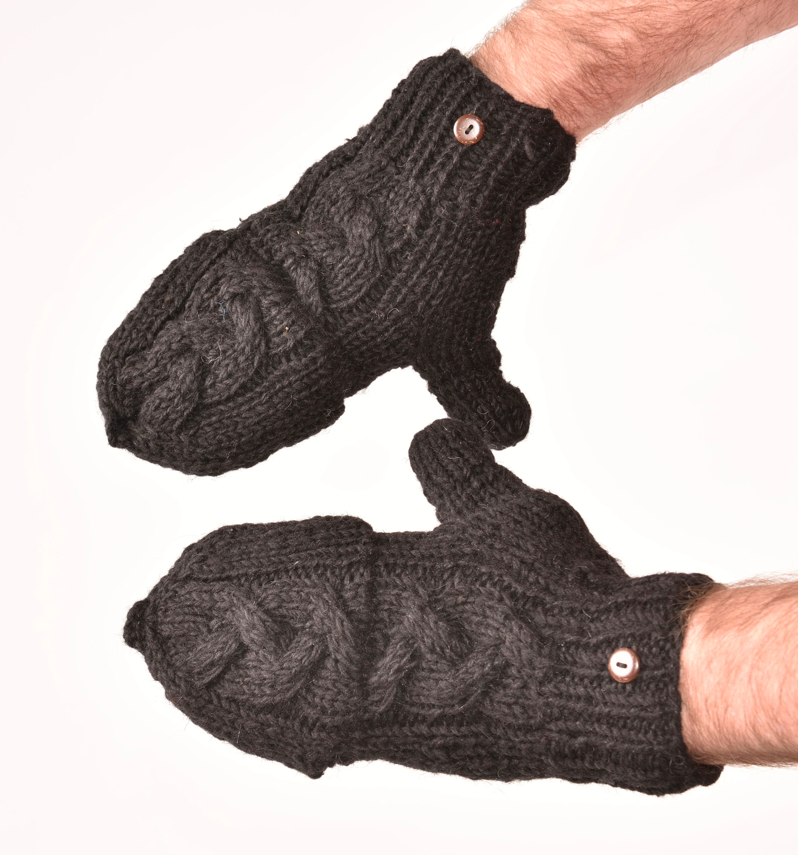 Hand Knitted Cable 100% Merino Wool Flip Top Snowboard Finger less Ski Fleece Lined Fingerless Mittens Convertible Black Texting Gloves