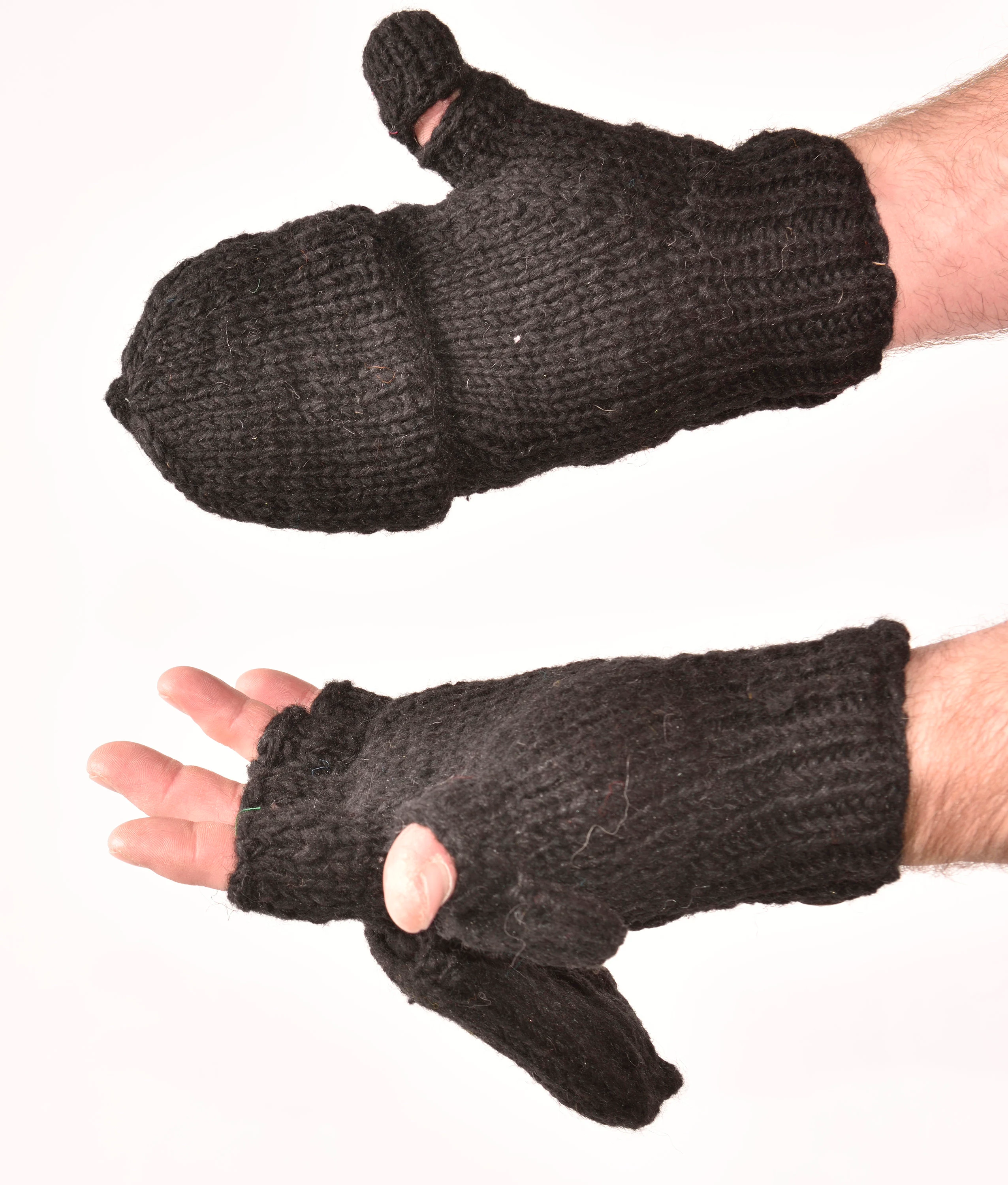 Hand Knitted Cable 100% Merino Wool Flip Top Snowboard Finger less Ski Fleece Lined Fingerless Mittens Convertible Black Texting Gloves