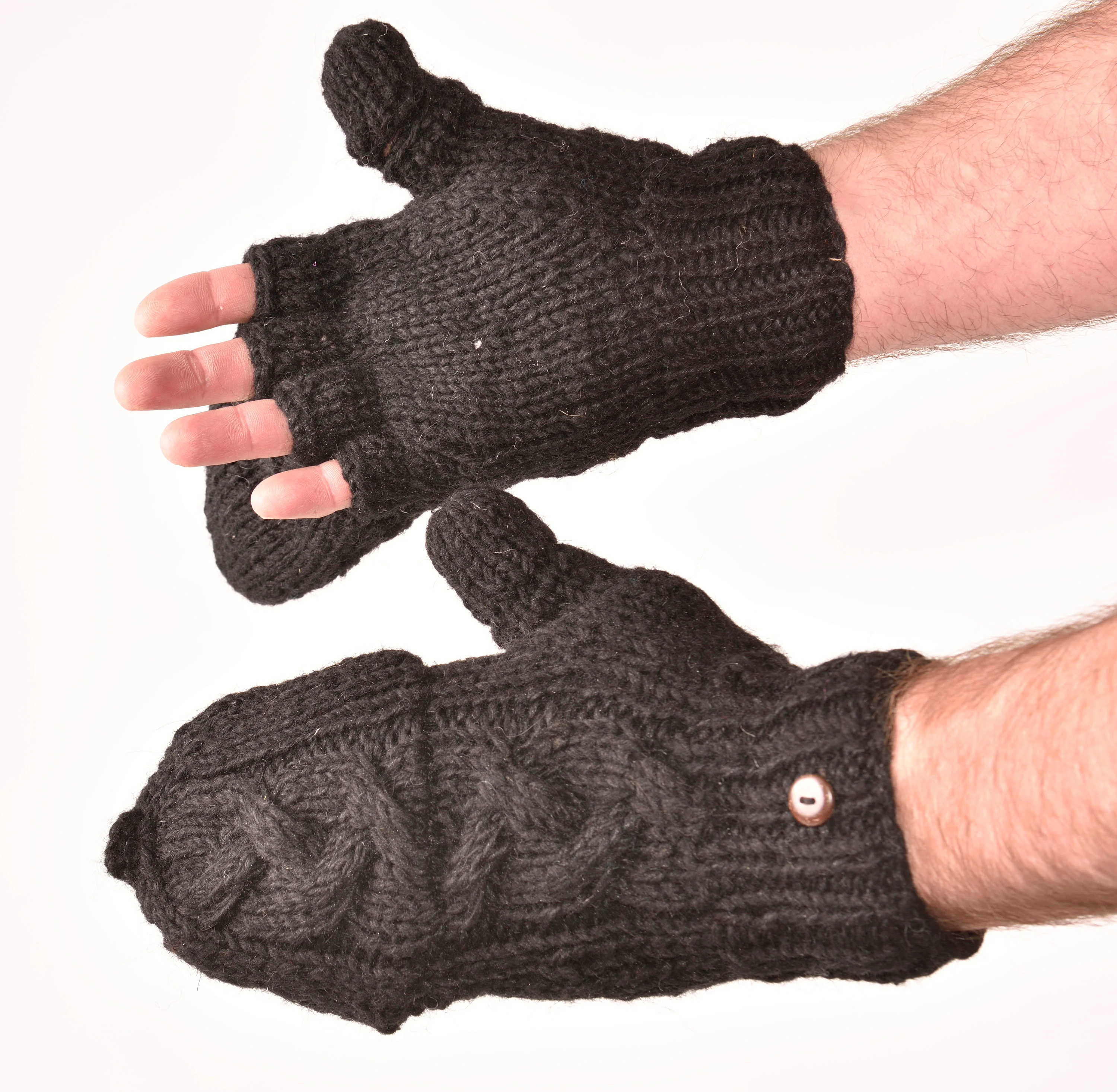 Hand Knitted Cable 100% Merino Wool Flip Top Snowboard Finger less Ski Fleece Lined Fingerless Mittens Convertible Black Texting Gloves