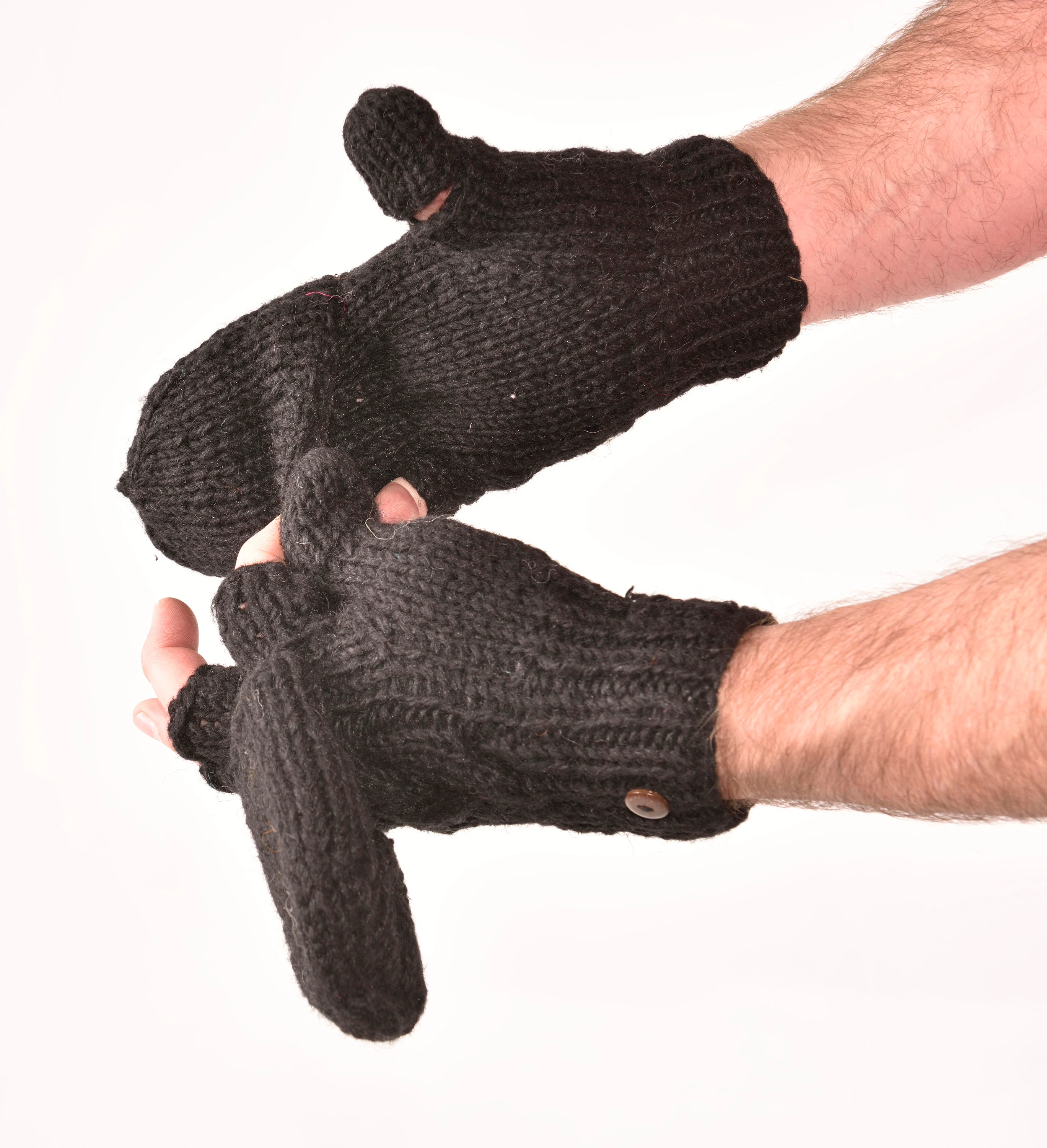 Hand Knitted Cable 100% Merino Wool Flip Top Snowboard Finger less Ski Fleece Lined Fingerless Mittens Convertible Black Texting Gloves