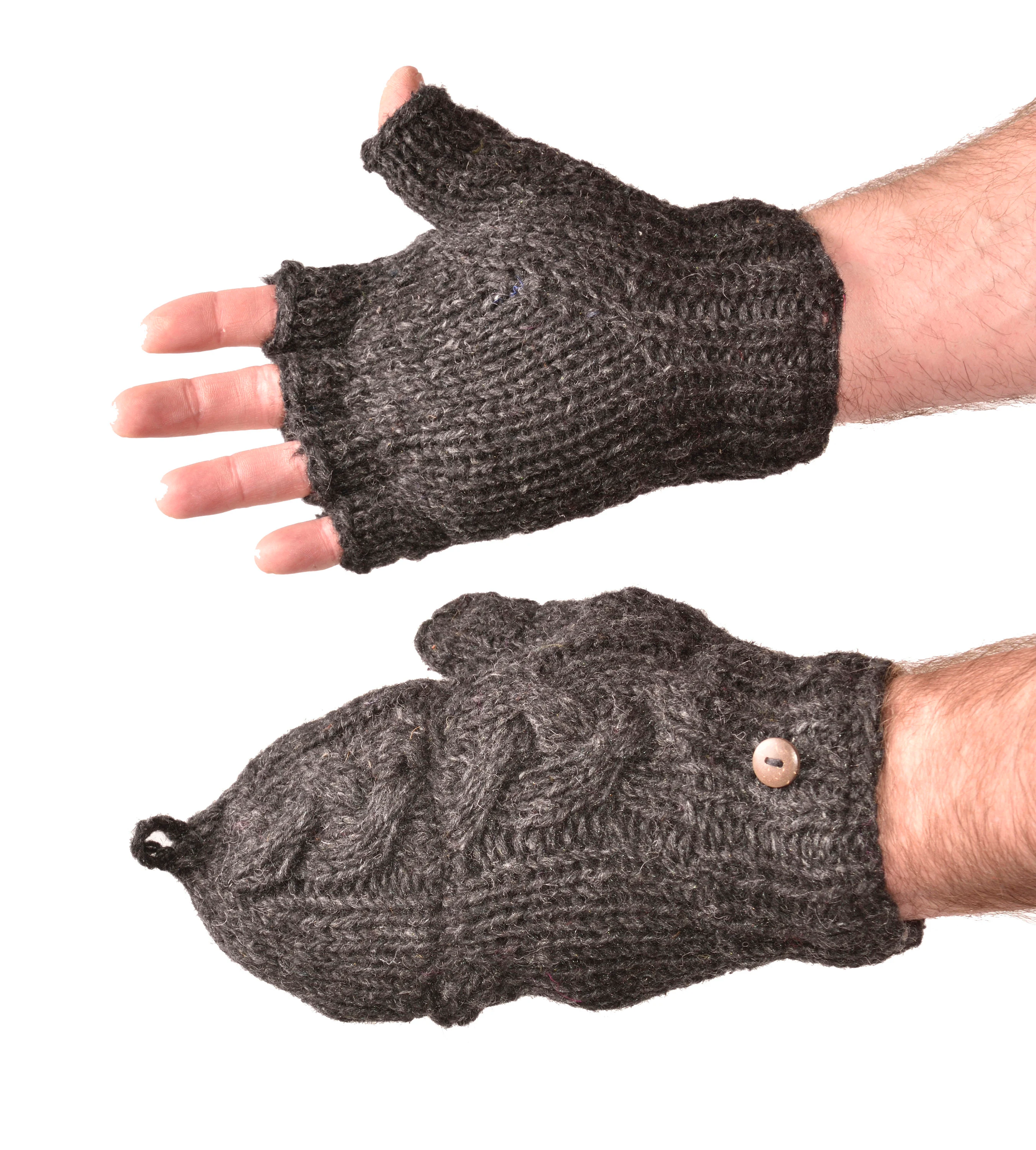 Hand Knitted Cable 100% Merino Wool Flip Top Snowboard Finger less Ski Fleece Lined Fingerless Mittens Convertible Texting Gloves-Charcoal