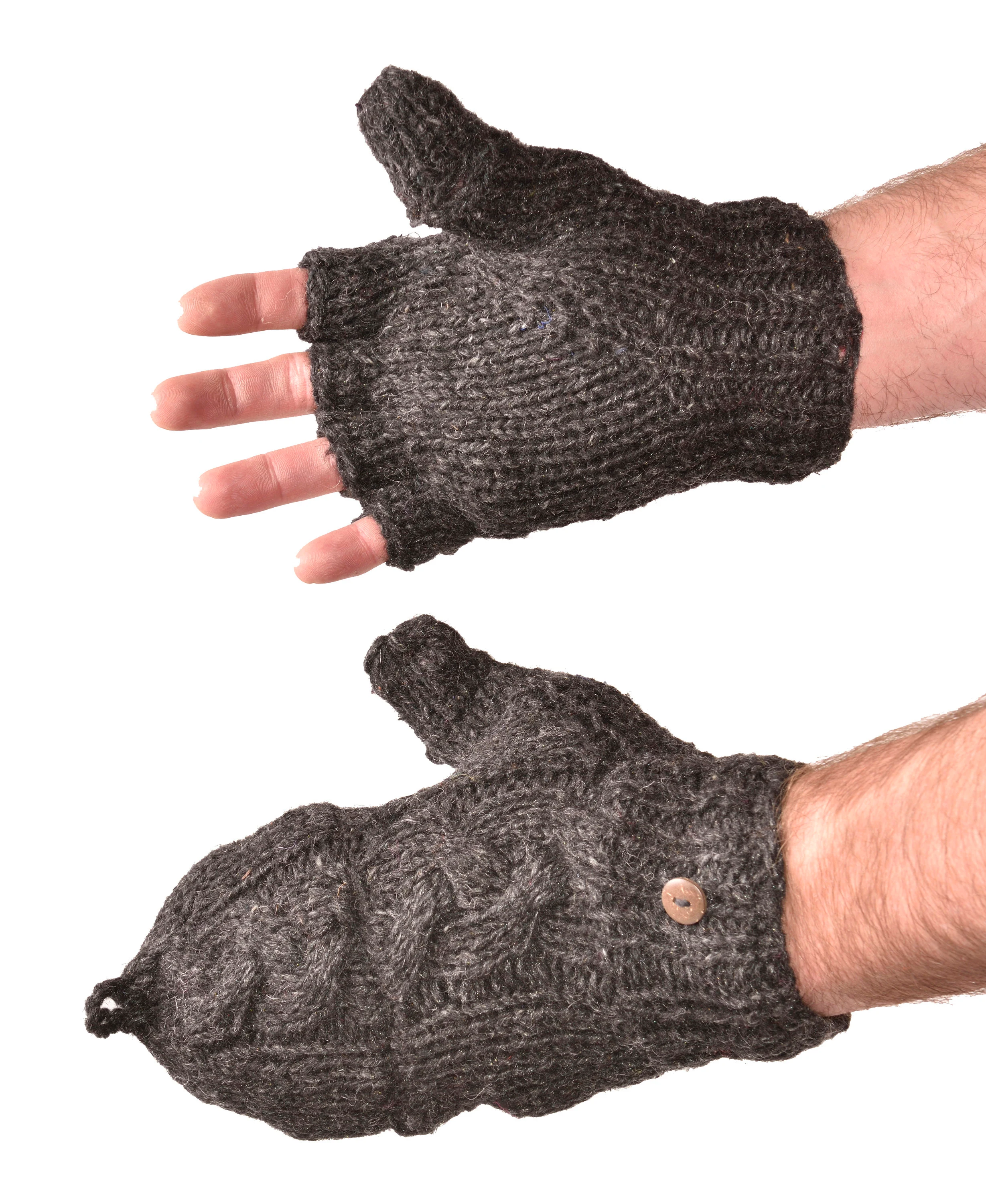 Hand Knitted Cable 100% Merino Wool Flip Top Snowboard Finger less Ski Fleece Lined Fingerless Mittens Convertible Texting Gloves-Charcoal