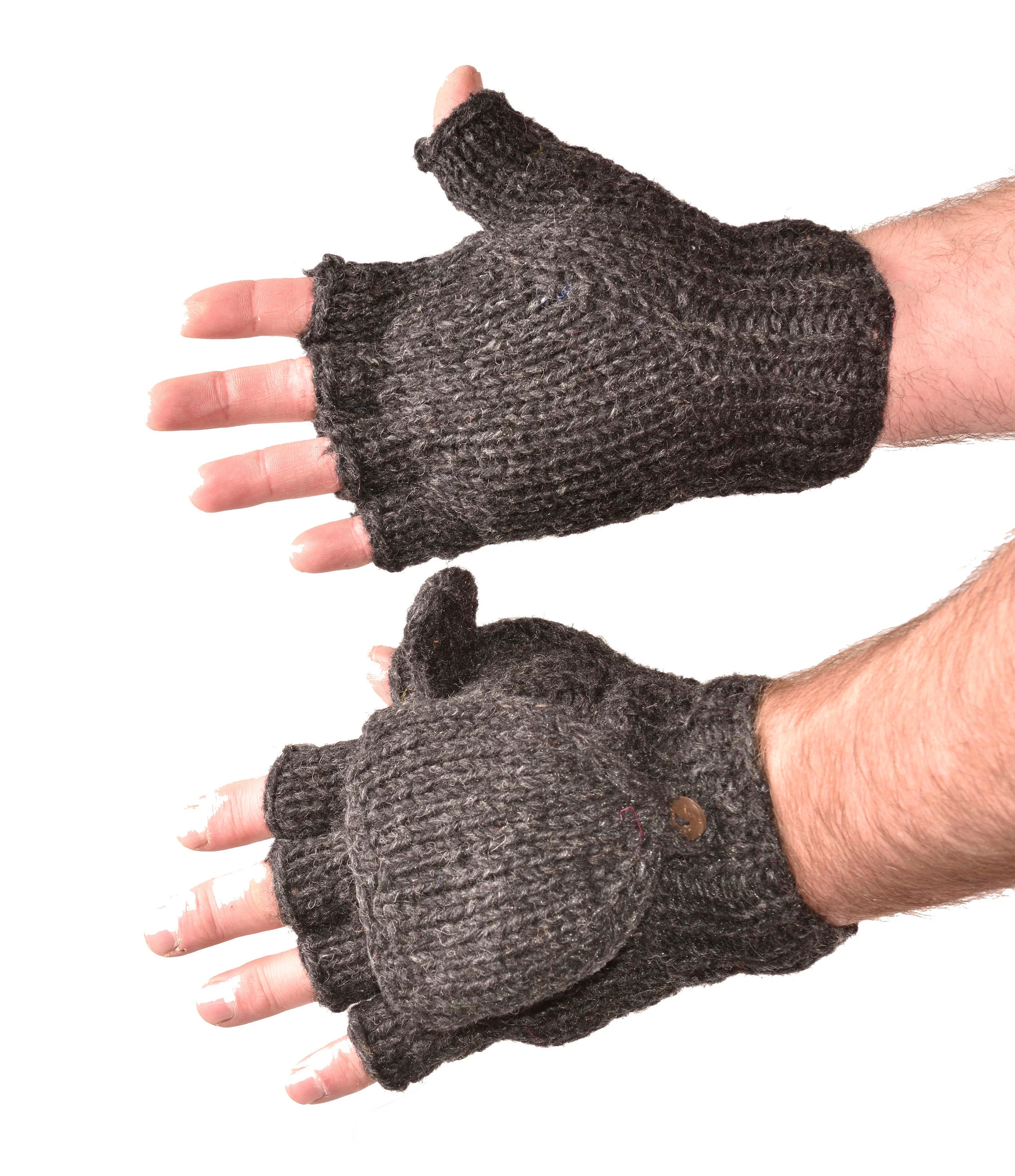 Hand Knitted Cable 100% Merino Wool Flip Top Snowboard Finger less Ski Fleece Lined Fingerless Mittens Convertible Texting Gloves-Charcoal