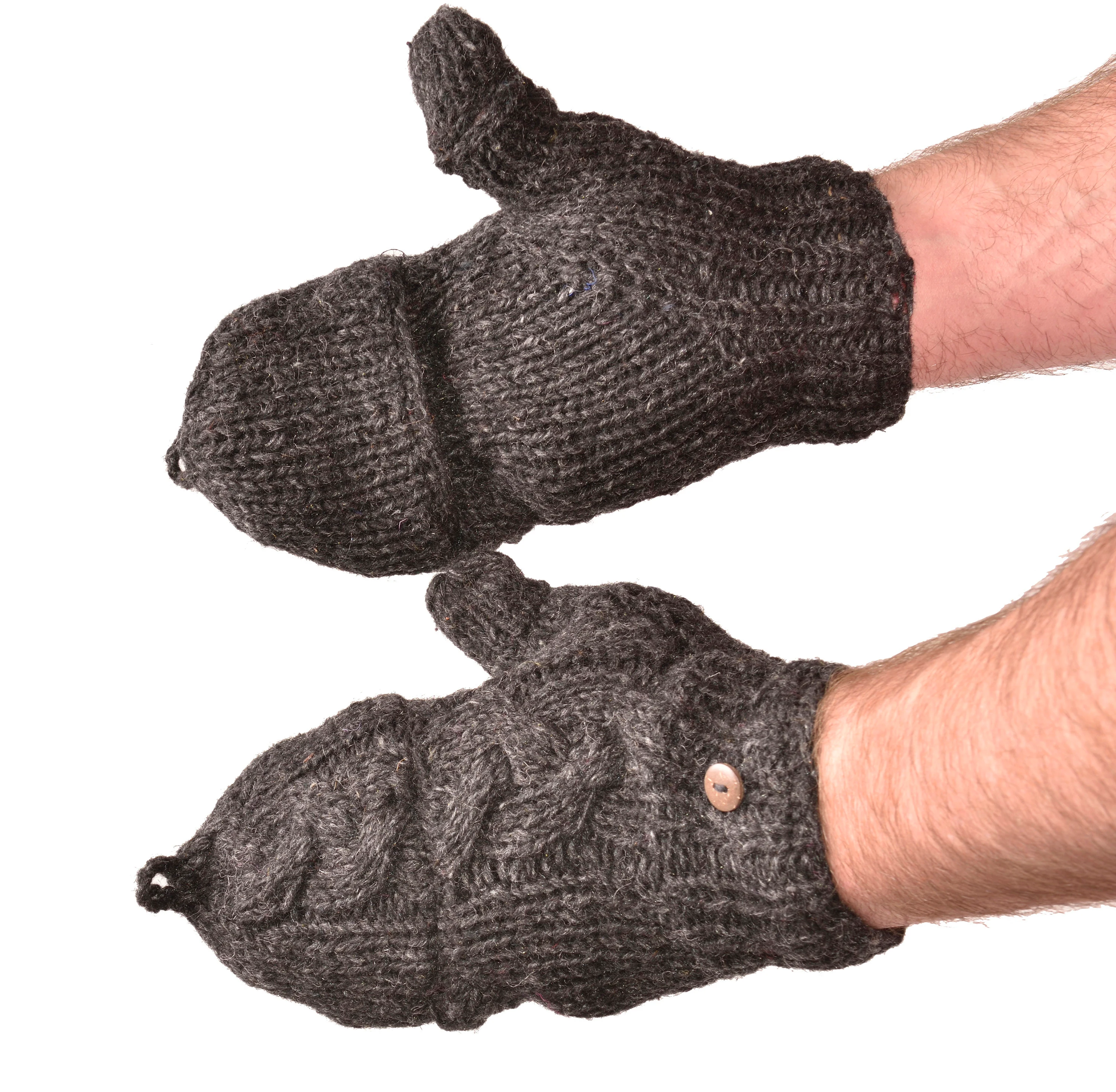 Hand Knitted Cable 100% Merino Wool Flip Top Snowboard Finger less Ski Fleece Lined Fingerless Mittens Convertible Texting Gloves-Charcoal