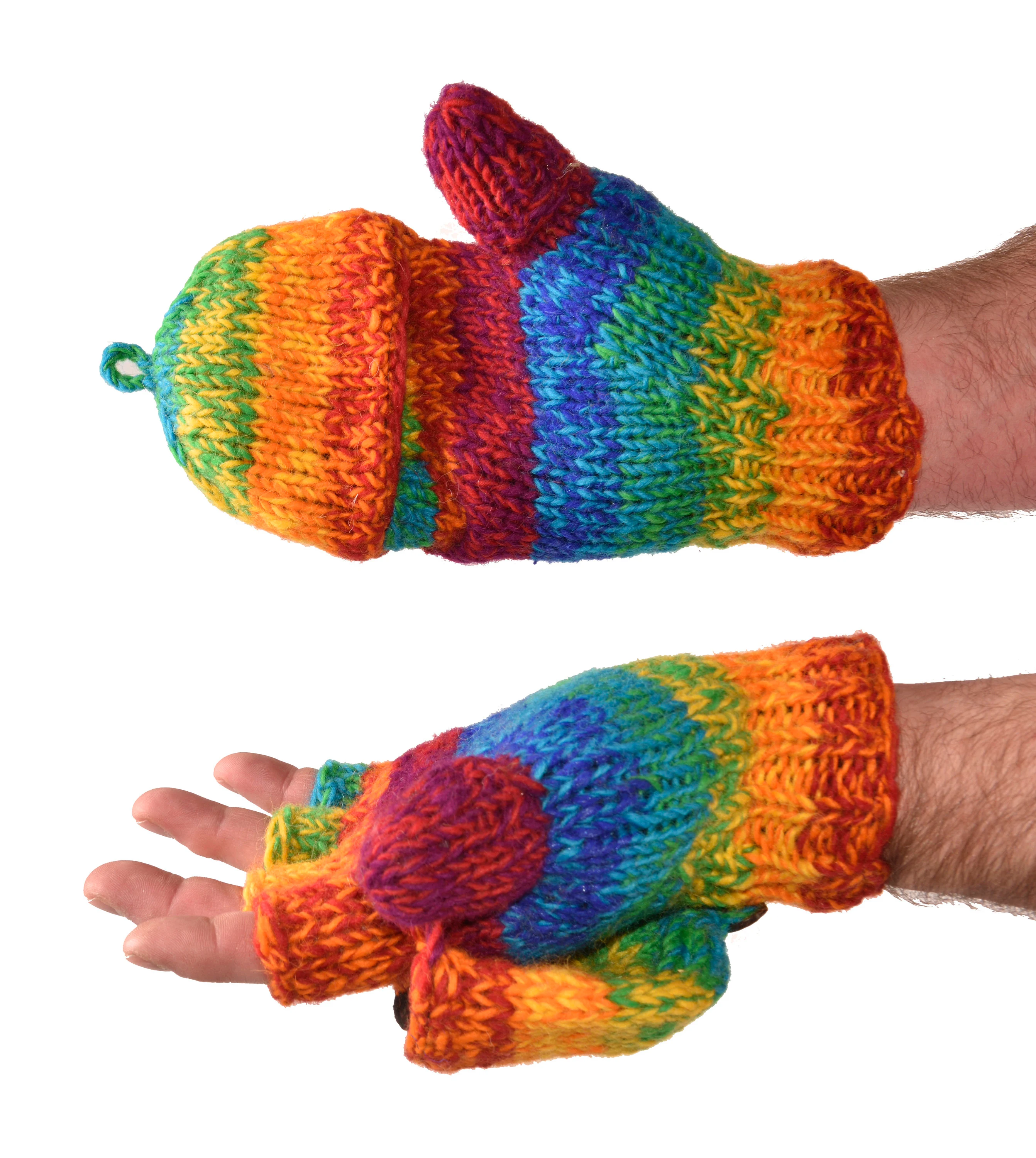 Hand Made 100% Merino Wool Flip Top Snowboard Finger less Ski Polar Fleece Lined Fingerless Nepalese Mittens Convertible Texting Gloves