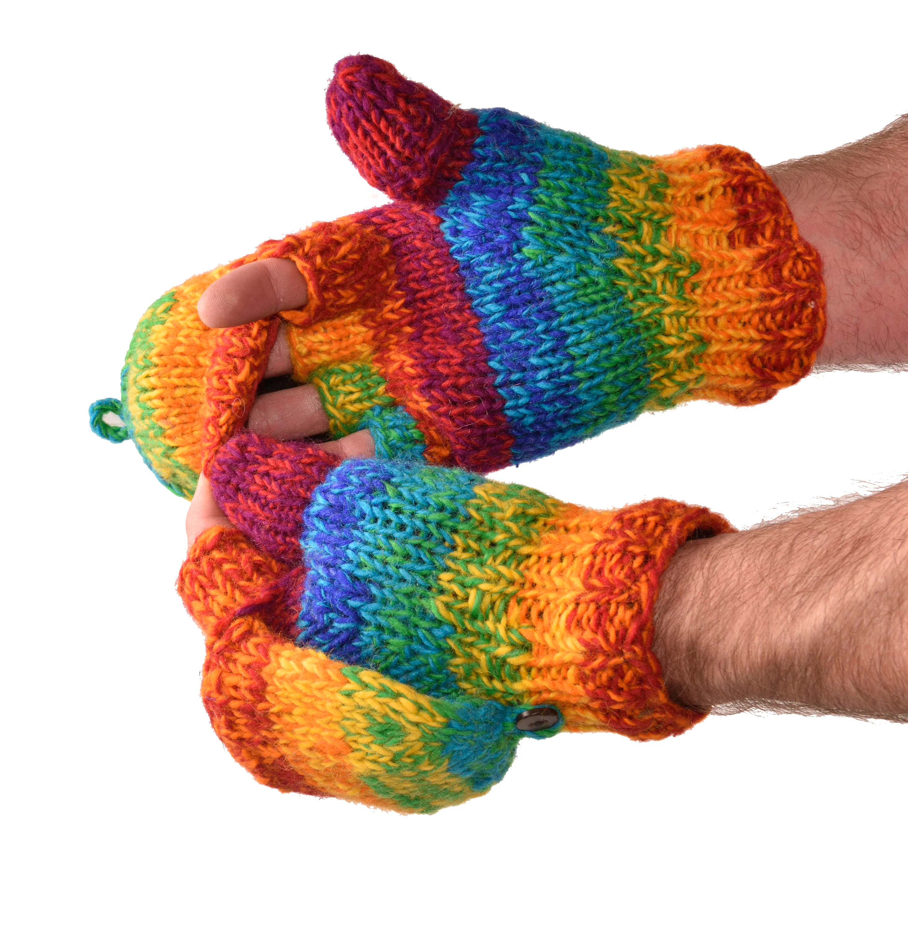 Hand Made 100% Merino Wool Flip Top Snowboard Finger less Ski Polar Fleece Lined Fingerless Nepalese Mittens Convertible Texting Gloves