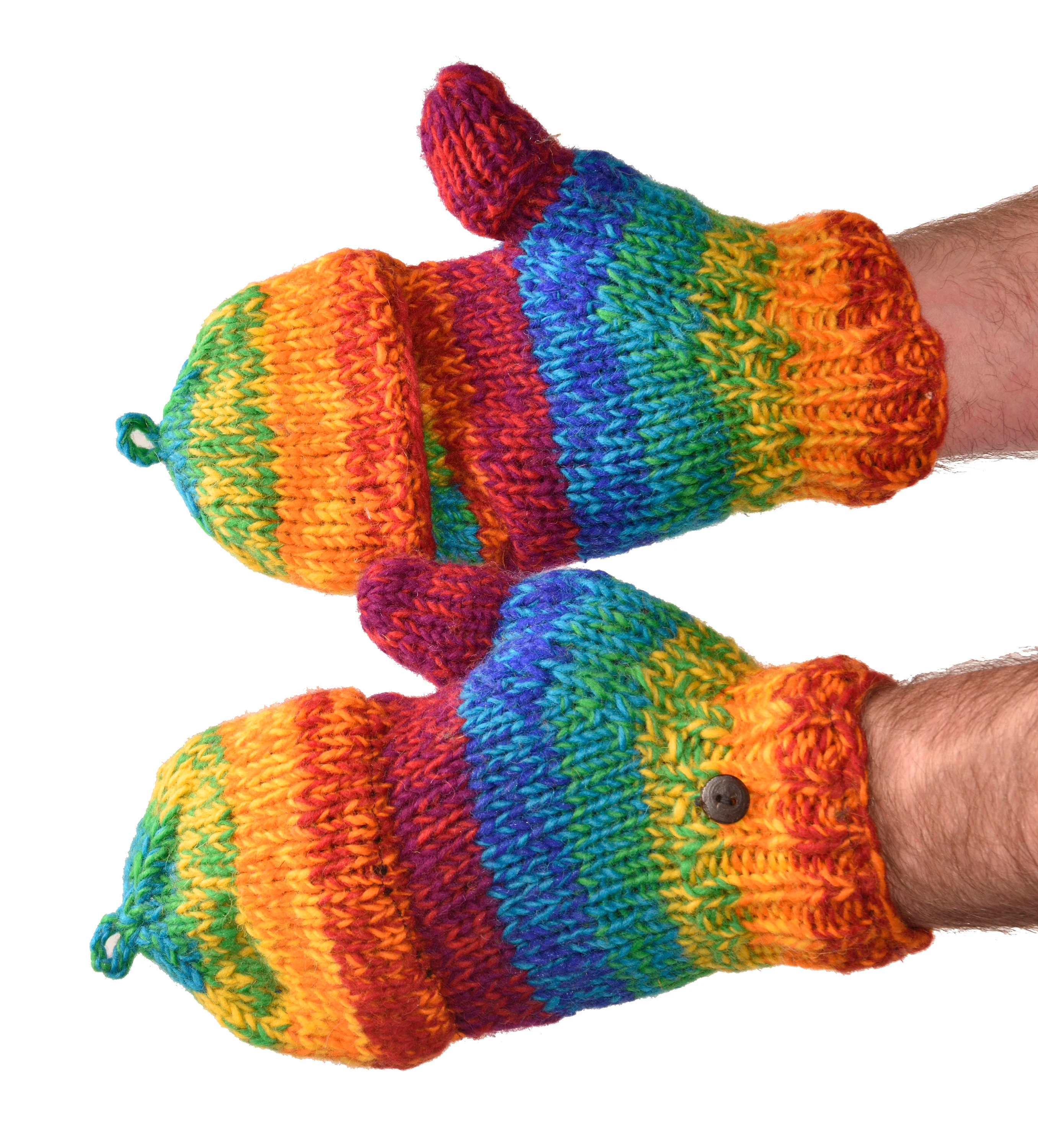 Hand Made 100% Merino Wool Flip Top Snowboard Finger less Ski Polar Fleece Lined Fingerless Nepalese Mittens Convertible Texting Gloves