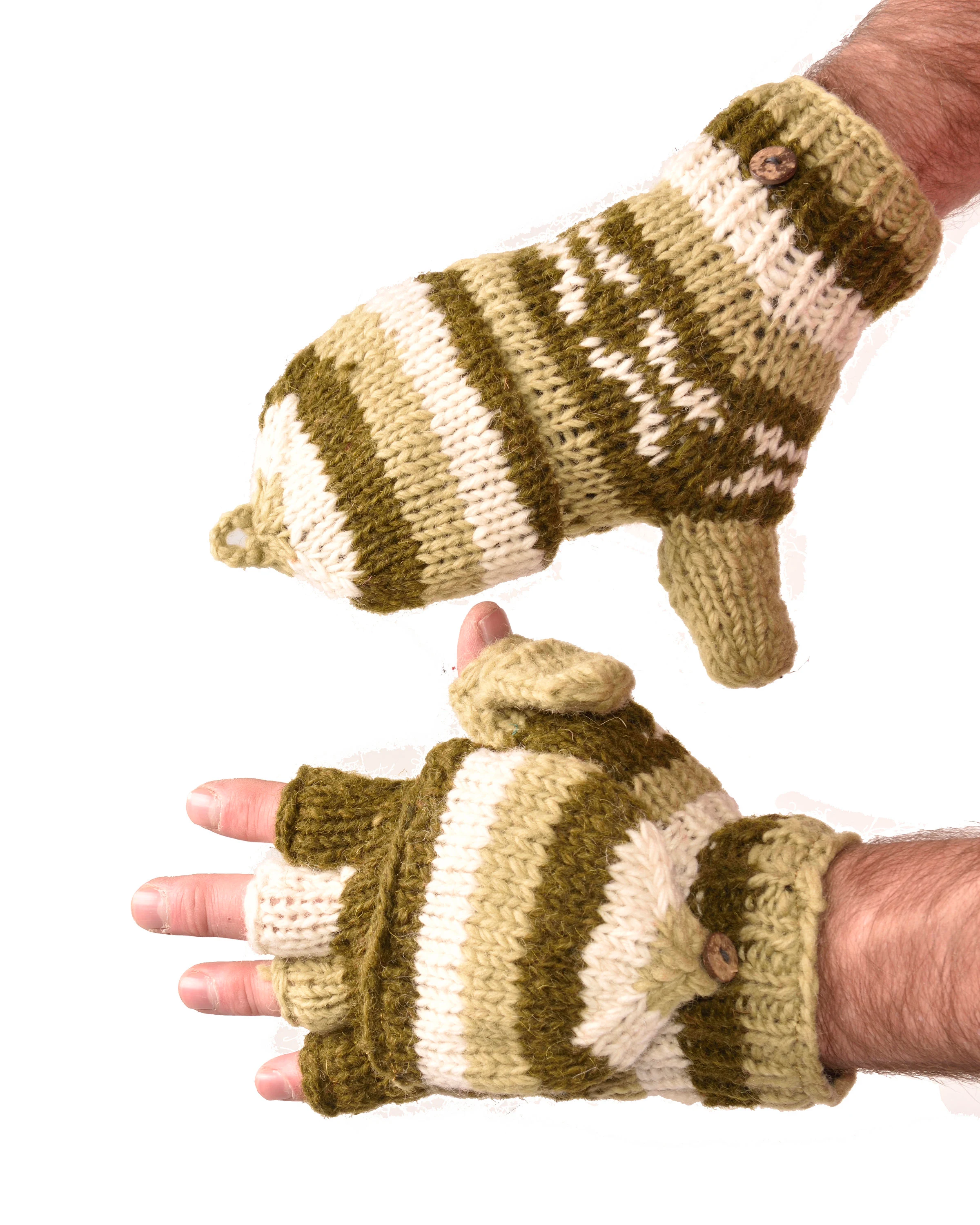 Hand Knitted 100% Merino Wool Flip Top Snowboard Finger less Ski Polar Fleece Lined Fingerless Nepalese Mittens Convertible Texting Gloves