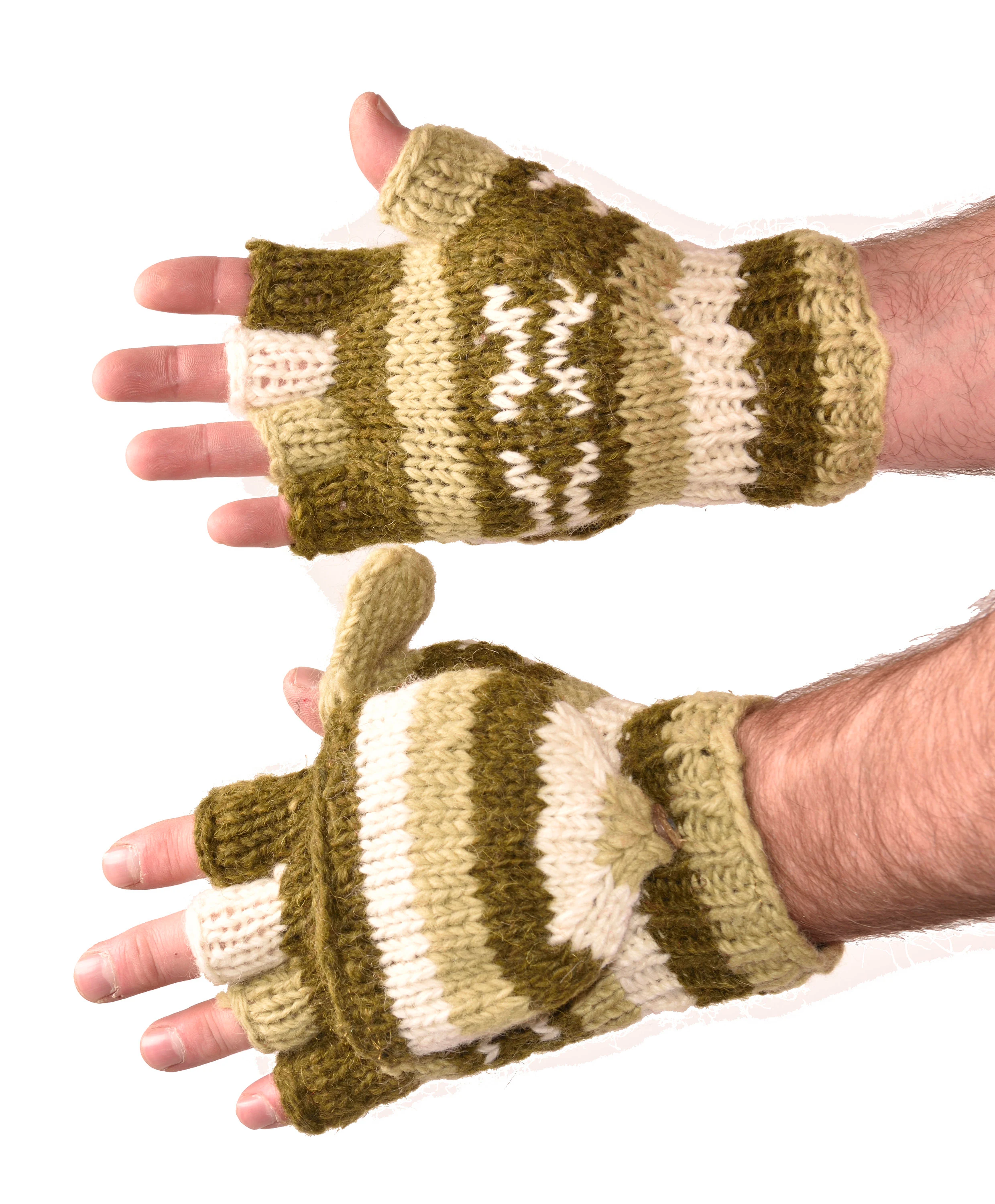 Hand Knitted 100% Merino Wool Flip Top Snowboard Finger less Ski Polar Fleece Lined Fingerless Nepalese Mittens Convertible Texting Gloves