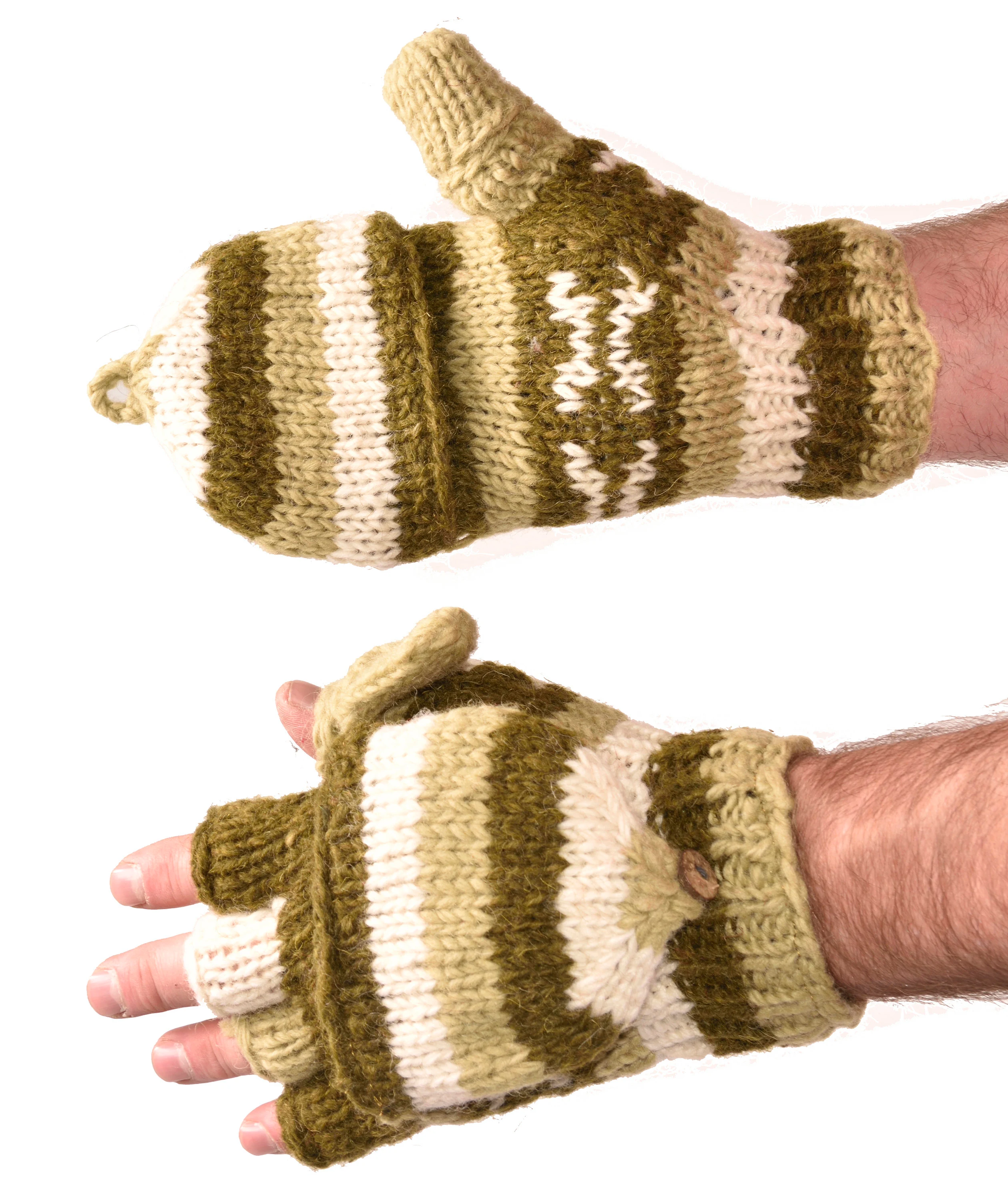 Hand Knitted 100% Merino Wool Flip Top Snowboard Finger less Ski Polar Fleece Lined Fingerless Nepalese Mittens Convertible Texting Gloves