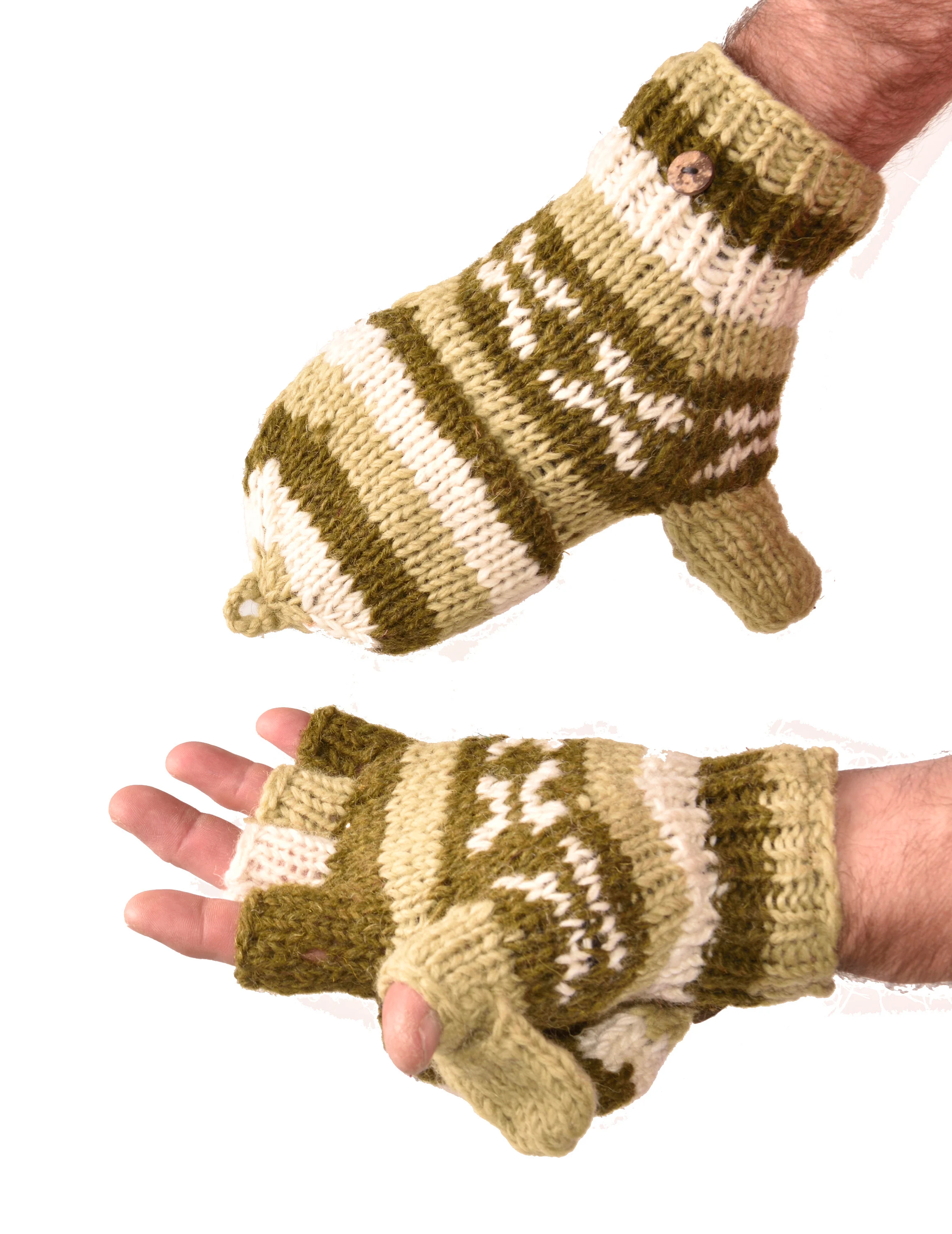Hand Knitted 100% Merino Wool Flip Top Snowboard Finger less Ski Polar Fleece Lined Fingerless Nepalese Mittens Convertible Texting Gloves