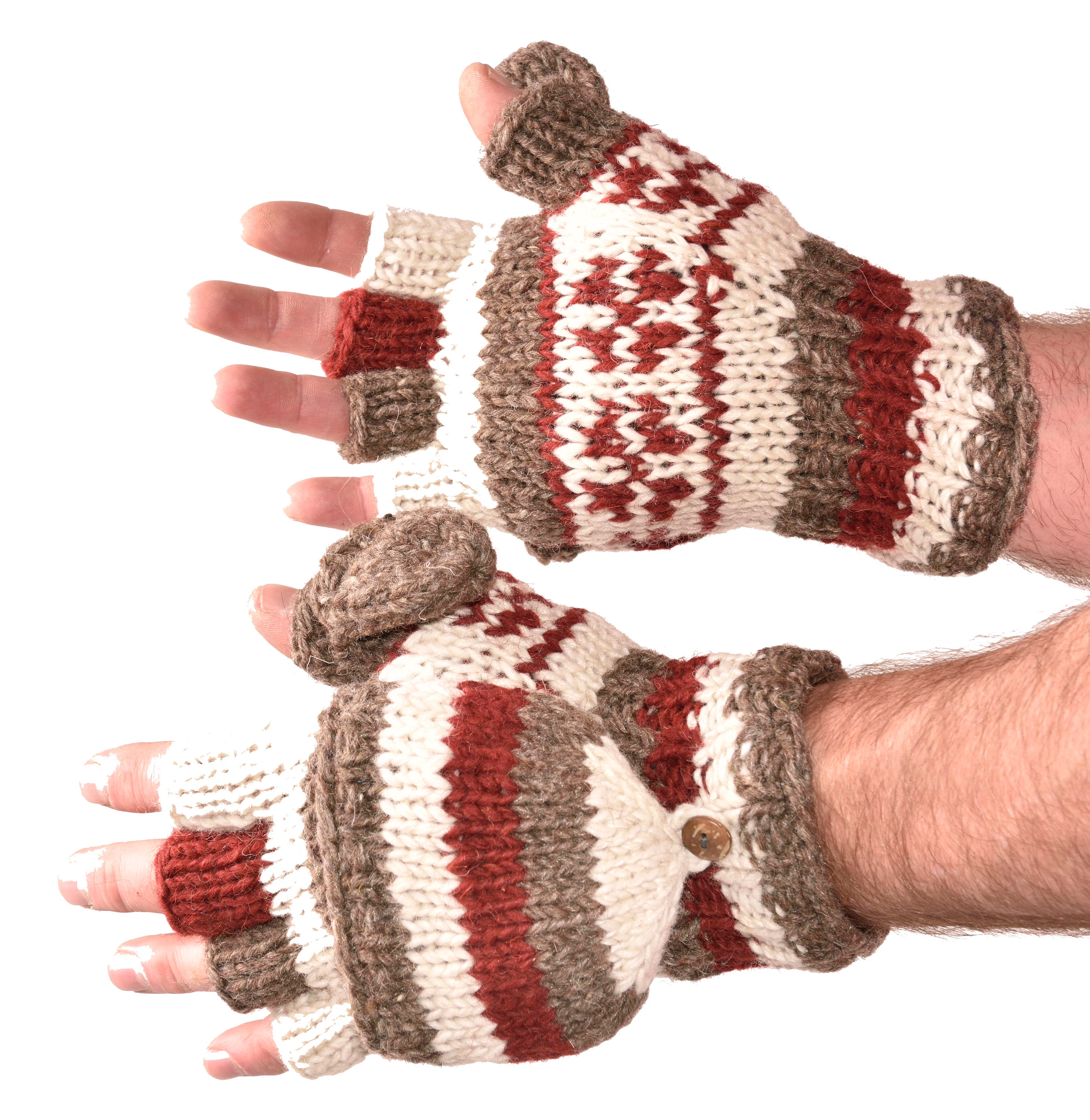 Hand Knitted 100% Merino Wool Flip Top Snowboard Finger less Ski Polar Fleece Lined Fingerless Nepalese Mittens Convertible Texting Gloves