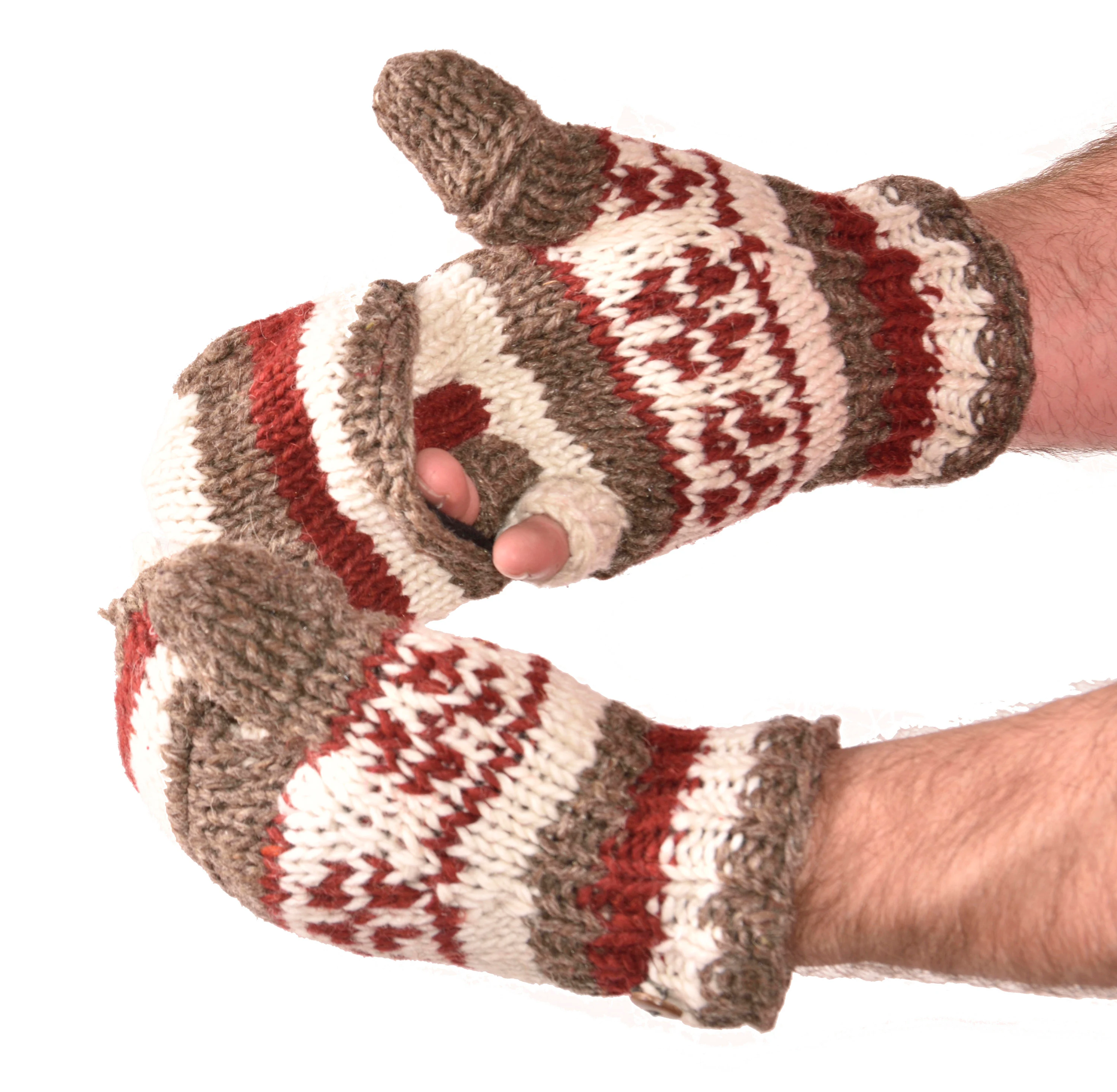 Hand Knitted 100% Merino Wool Flip Top Snowboard Finger less Ski Polar Fleece Lined Fingerless Nepalese Mittens Convertible Texting Gloves