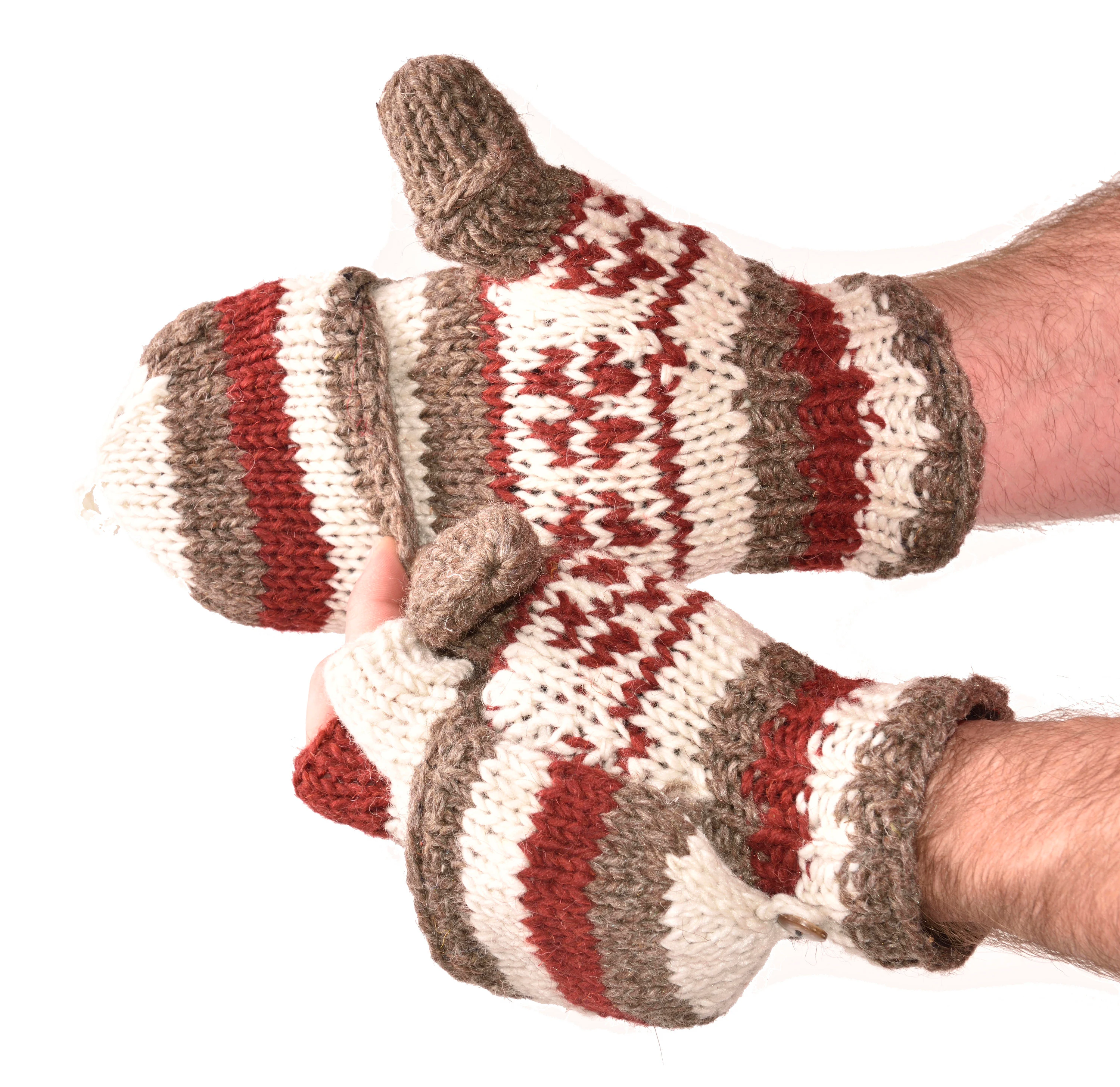 Hand Knitted 100% Merino Wool Flip Top Snowboard Finger less Ski Polar Fleece Lined Fingerless Nepalese Mittens Convertible Texting Gloves