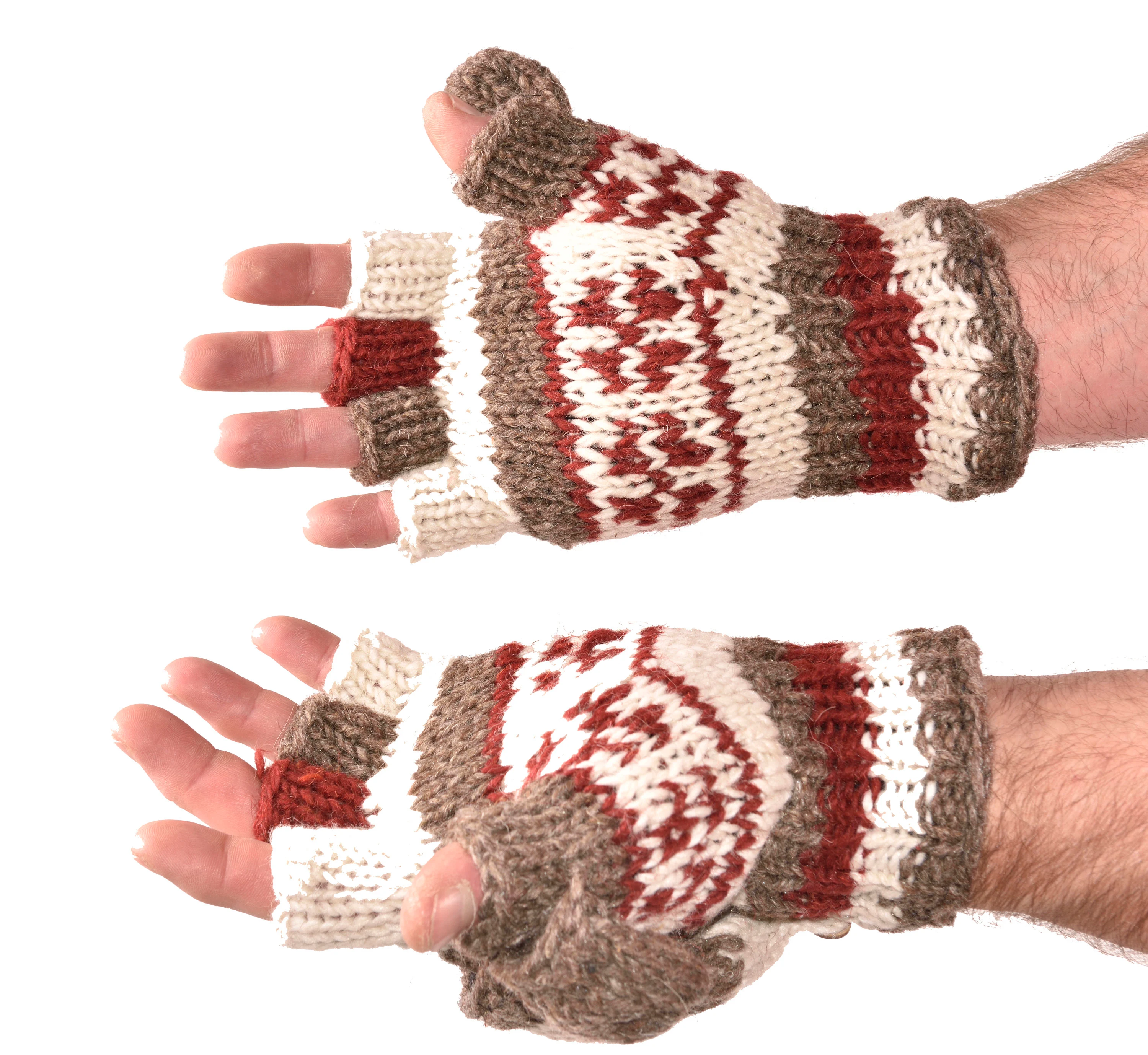 Hand Knitted 100% Merino Wool Flip Top Snowboard Finger less Ski Polar Fleece Lined Fingerless Nepalese Mittens Convertible Texting Gloves