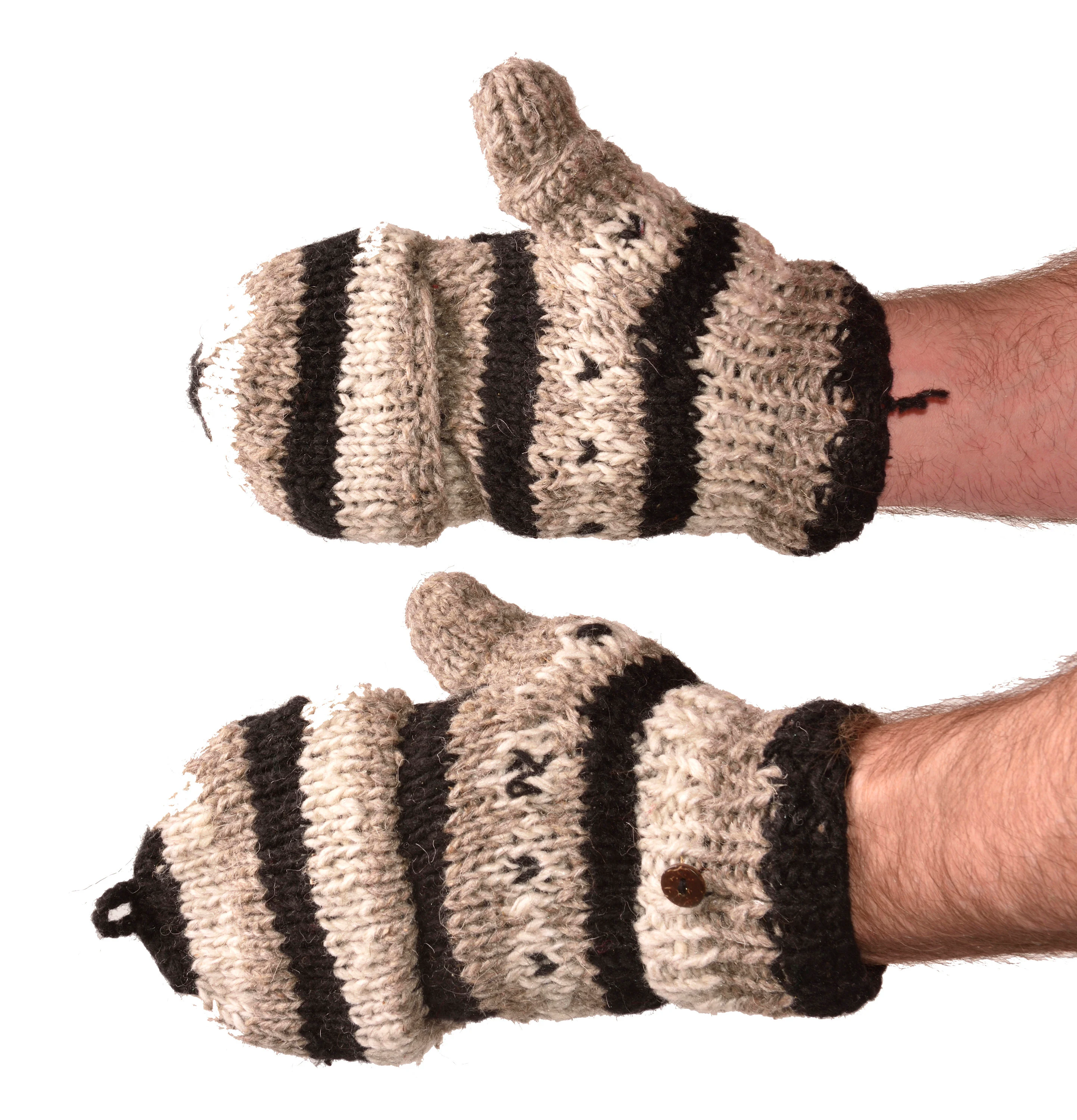 Hand Knitted 100% Merino Wool Flip Top Snowboard Finger less Ski Polar Fleece Lined Fingerless Nepalese Mittens Convertible Texting Gloves