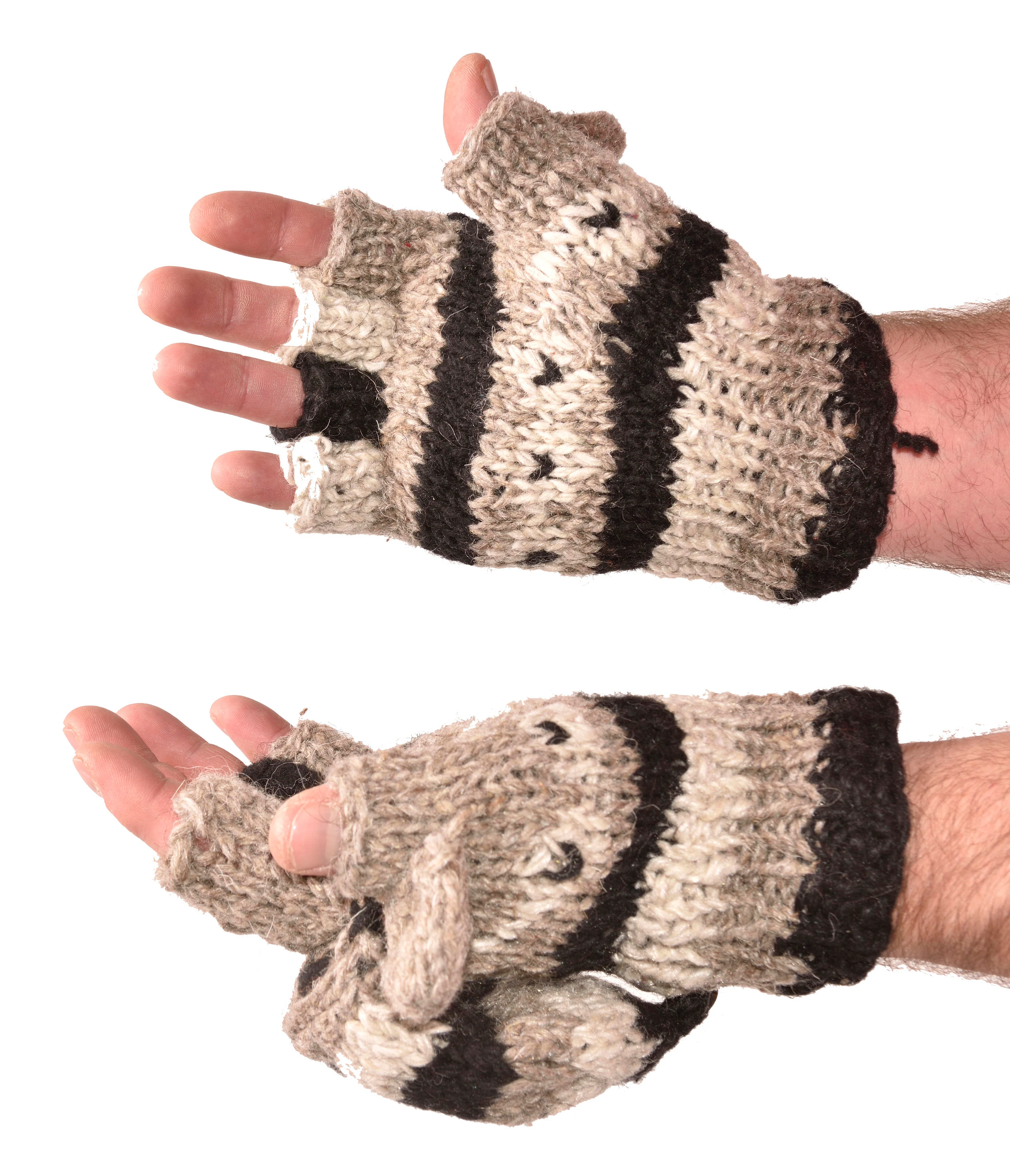 Hand Knitted 100% Merino Wool Flip Top Snowboard Finger less Ski Polar Fleece Lined Fingerless Nepalese Mittens Convertible Texting Gloves