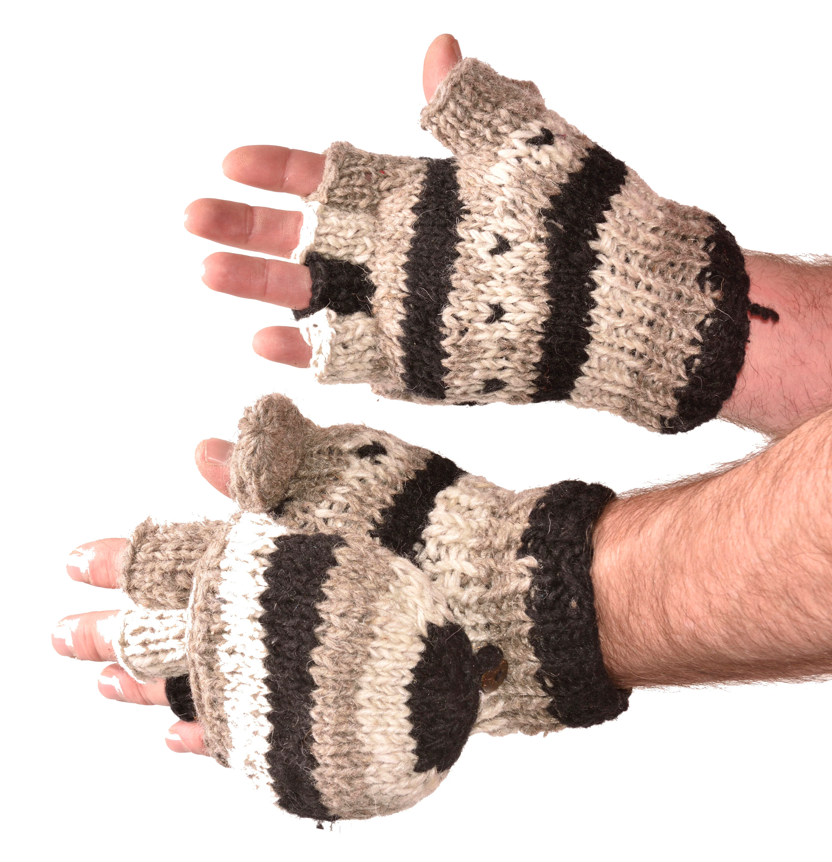 Hand Knitted 100% Merino Wool Flip Top Snowboard Finger less Ski Polar Fleece Lined Fingerless Nepalese Mittens Convertible Texting Gloves