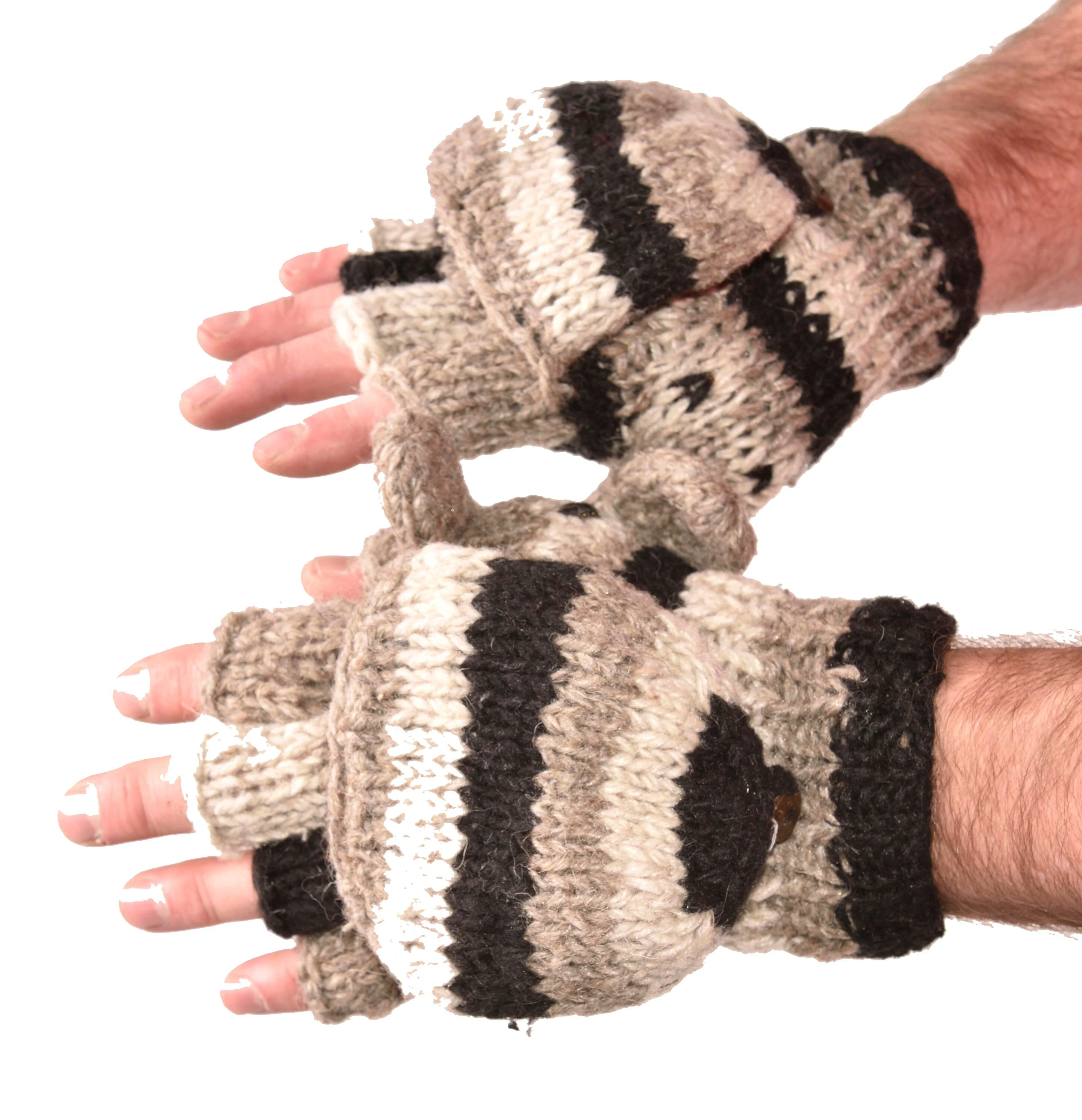 Hand Knitted 100% Merino Wool Flip Top Snowboard Finger less Ski Polar Fleece Lined Fingerless Nepalese Mittens Convertible Texting Gloves