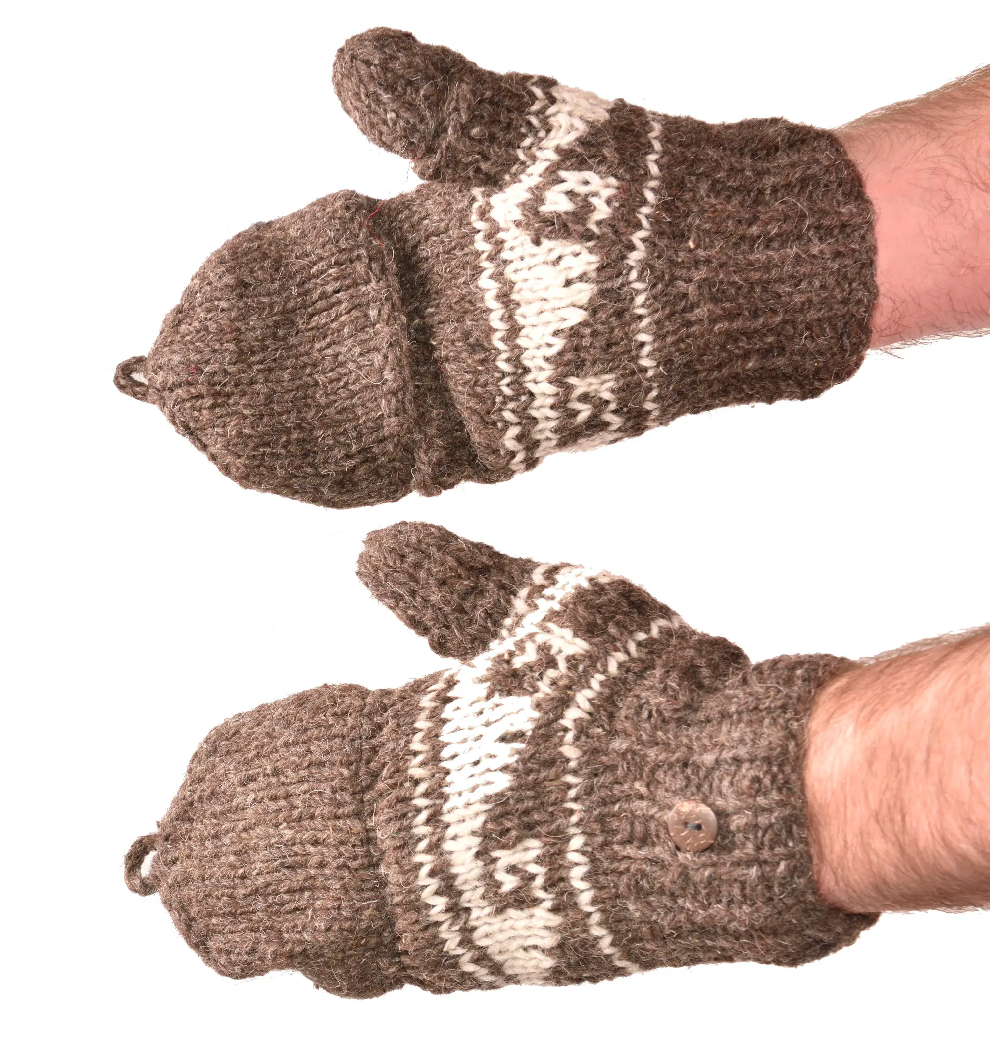 Hand Made 100% Merino Wool Flip Top Snowboard Finger less Ski Polar Fleece Lined Fingerless Nepalese Mittens Convertible Texting Gloves