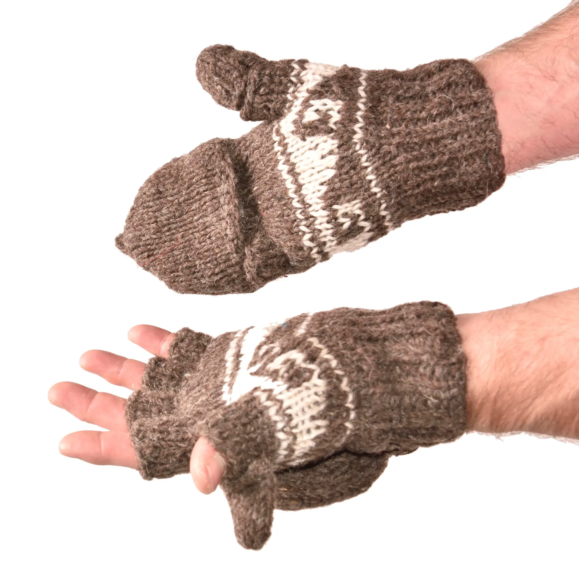 Hand Made 100% Merino Wool Flip Top Snowboard Finger less Ski Polar Fleece Lined Fingerless Nepalese Mittens Convertible Texting Gloves