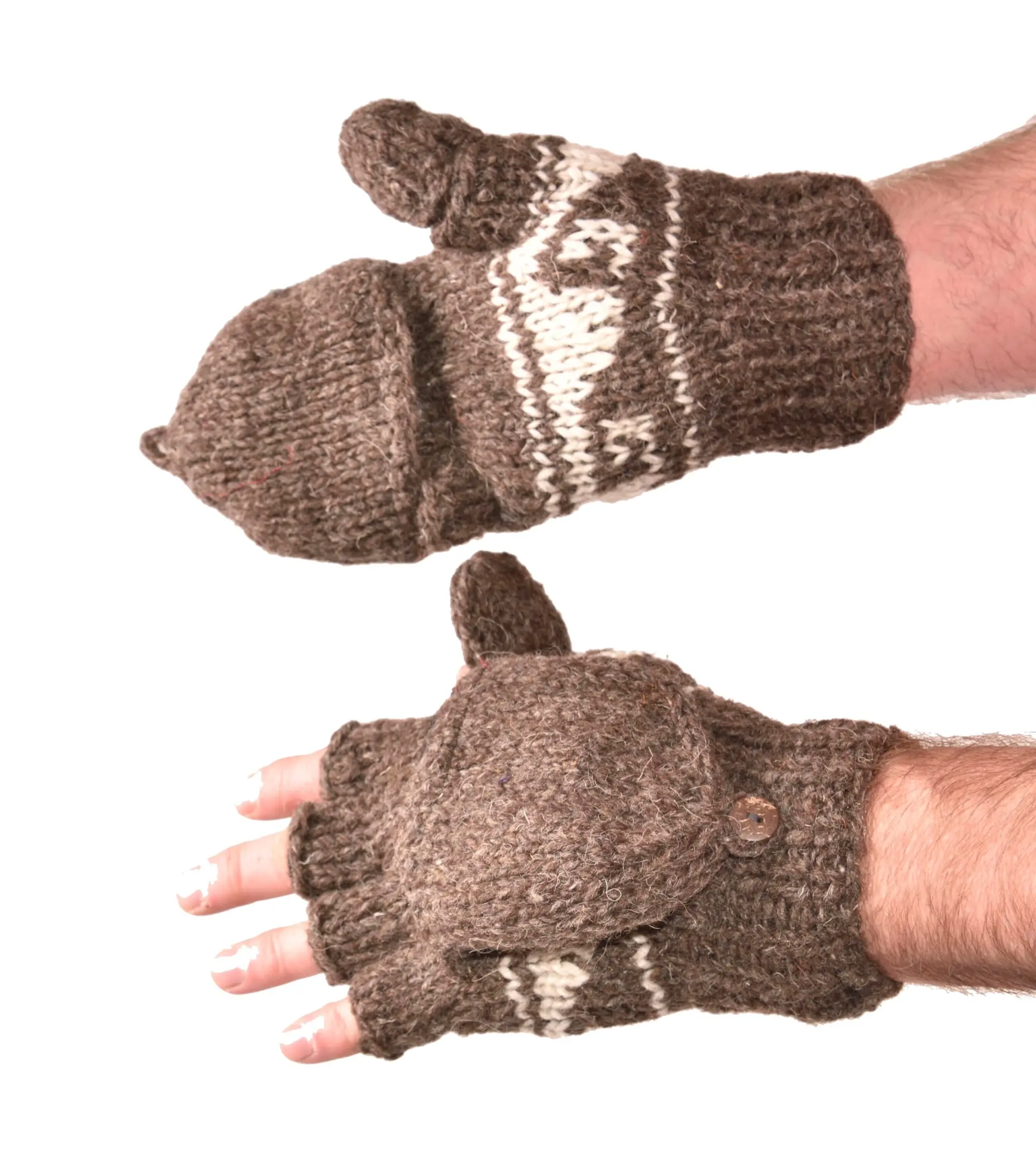 Hand Made 100% Merino Wool Flip Top Snowboard Finger less Ski Polar Fleece Lined Fingerless Nepalese Mittens Convertible Texting Gloves