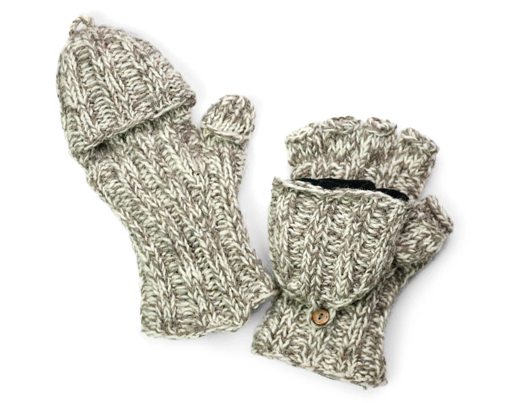 Hand Knitted 100% Merino Wool Flip Top Snowboard Finger less Ski Polar Fleece Lined Fingerless Nepalese Mittens Convertible Texting Gloves