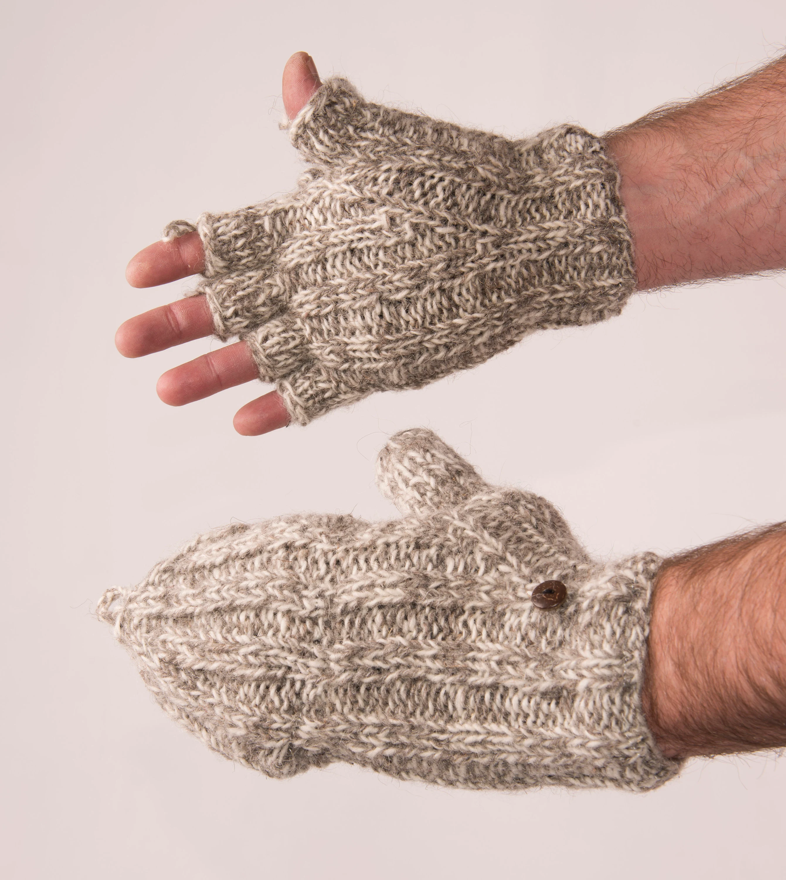 Hand Knitted 100% Merino Wool Flip Top Snowboard Finger less Ski Polar Fleece Lined Fingerless Nepalese Mittens Convertible Texting Gloves