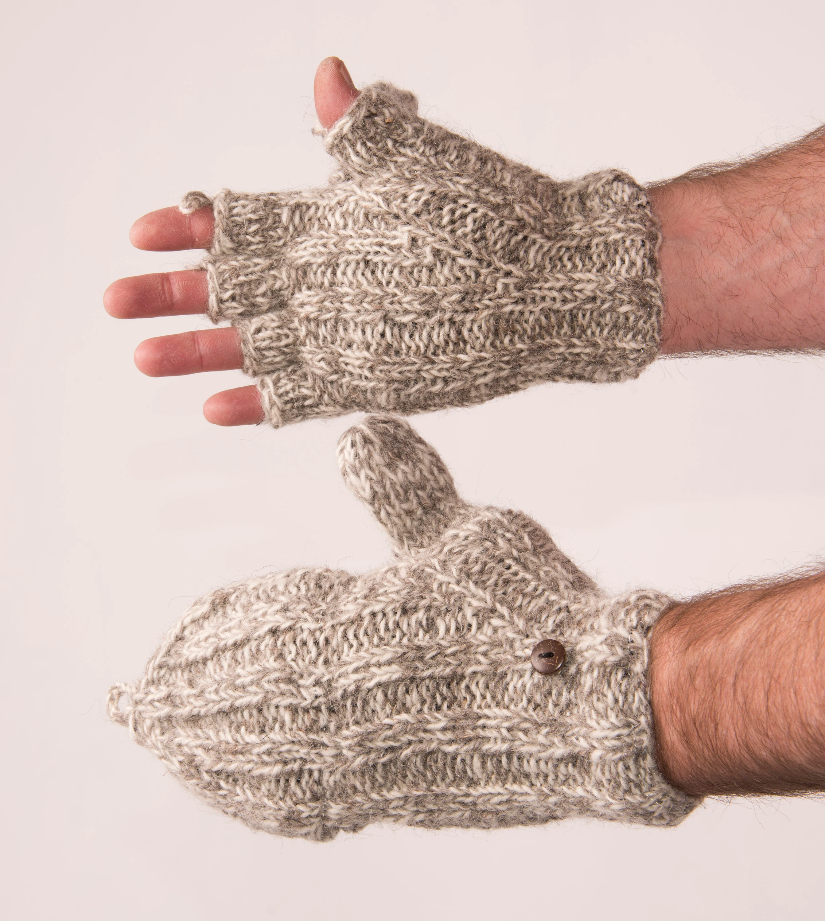 Hand Knitted 100% Merino Wool Flip Top Snowboard Finger less Ski Polar Fleece Lined Fingerless Nepalese Mittens Convertible Texting Gloves