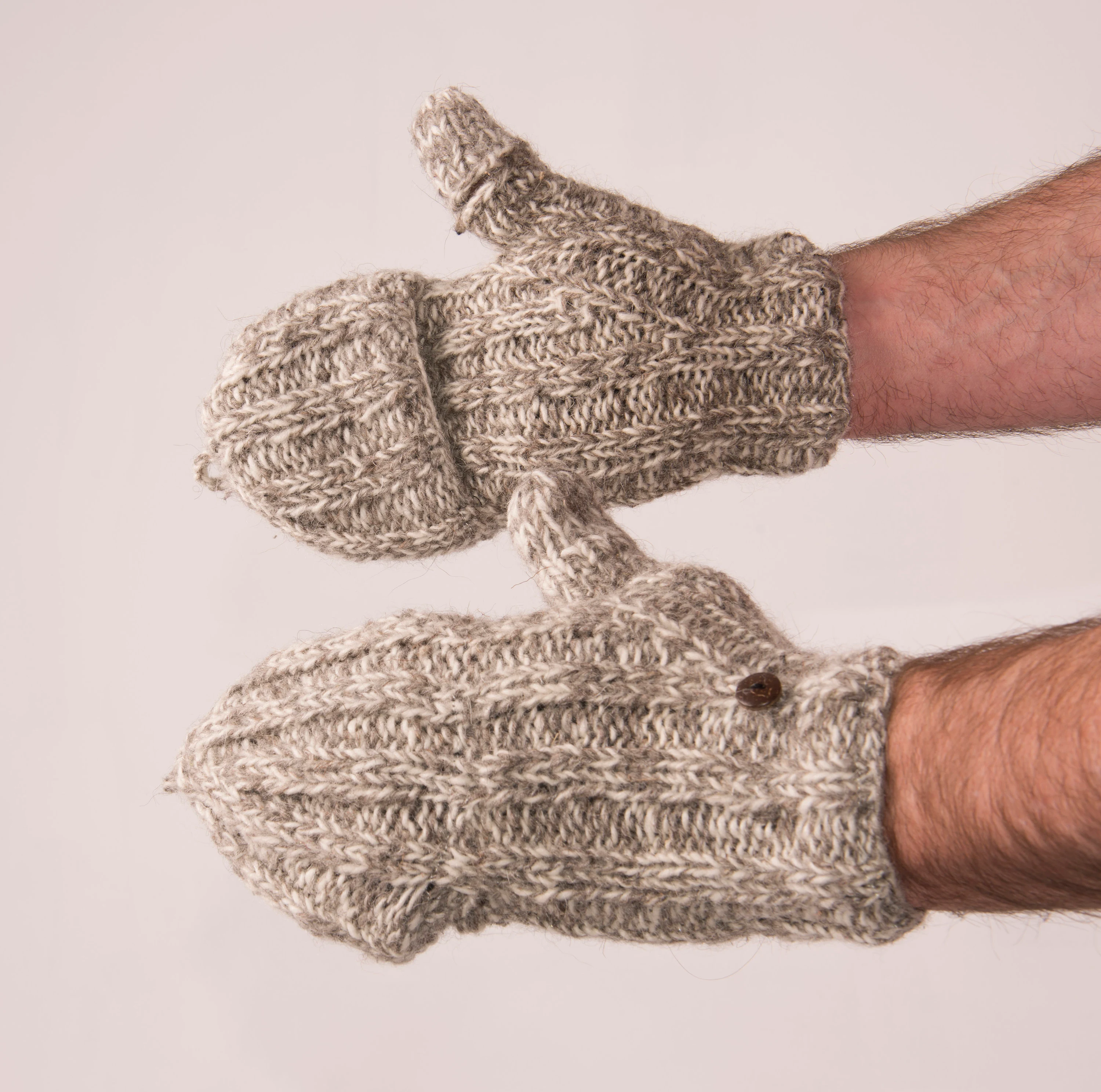 Hand Knitted 100% Merino Wool Flip Top Snowboard Finger less Ski Polar Fleece Lined Fingerless Nepalese Mittens Convertible Texting Gloves