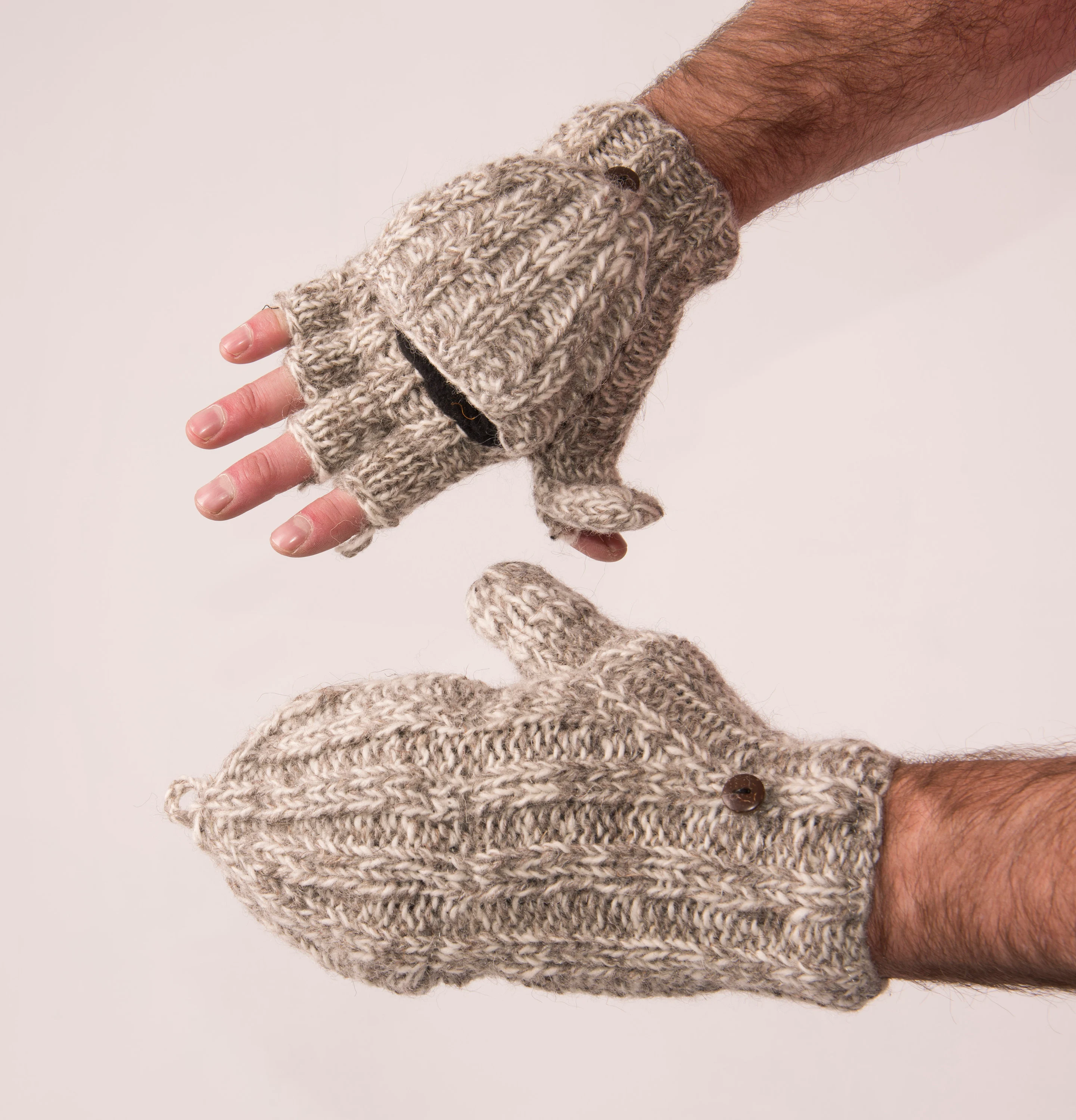 Hand Knitted 100% Merino Wool Flip Top Snowboard Finger less Ski Polar Fleece Lined Fingerless Nepalese Mittens Convertible Texting Gloves