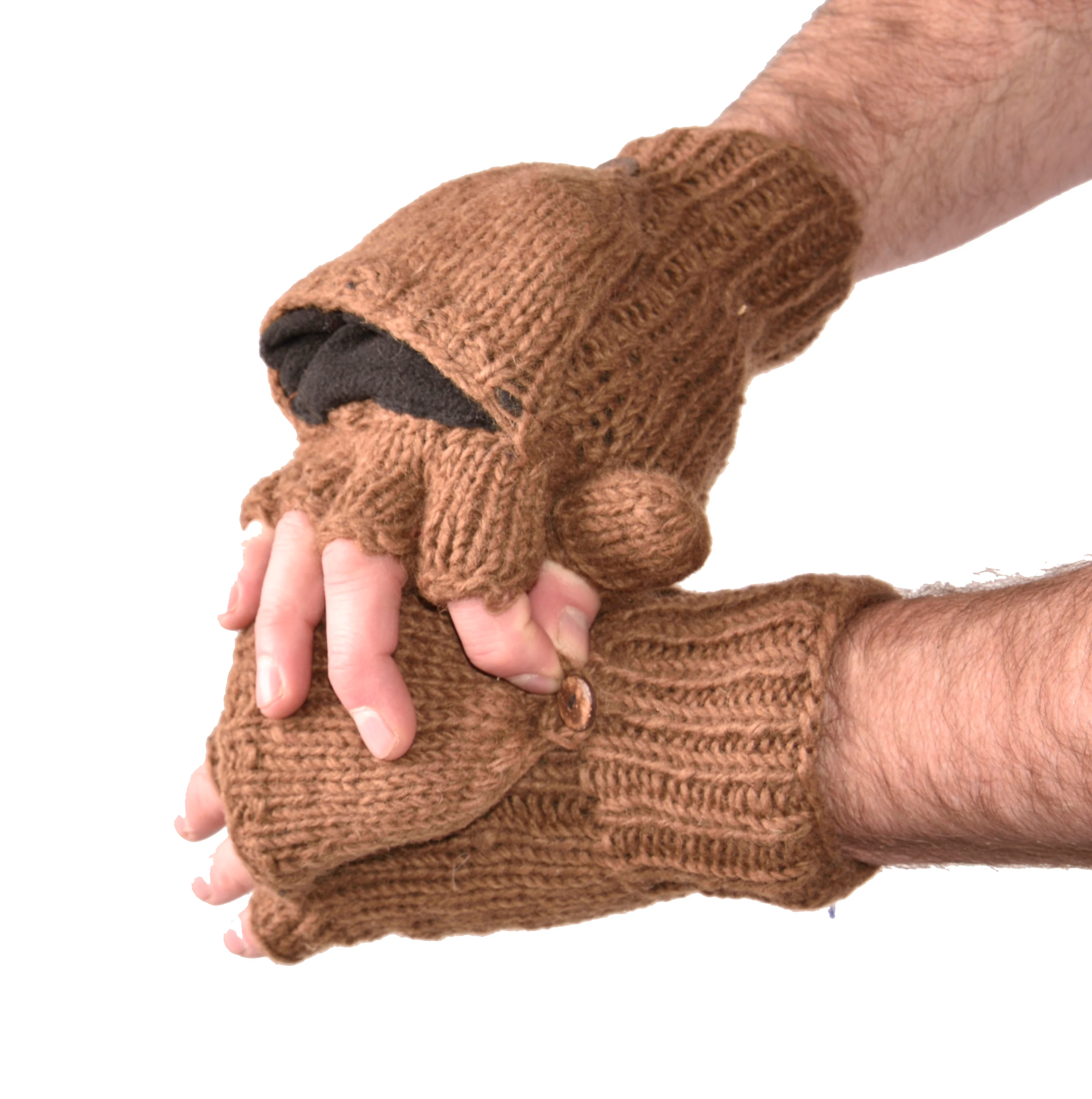 Hand Knitted Cable 100% Merino Wool Flip Top Snowboard Finger less Ski Fleece Lined Fingerless Mittens Convertible Texting Gloves