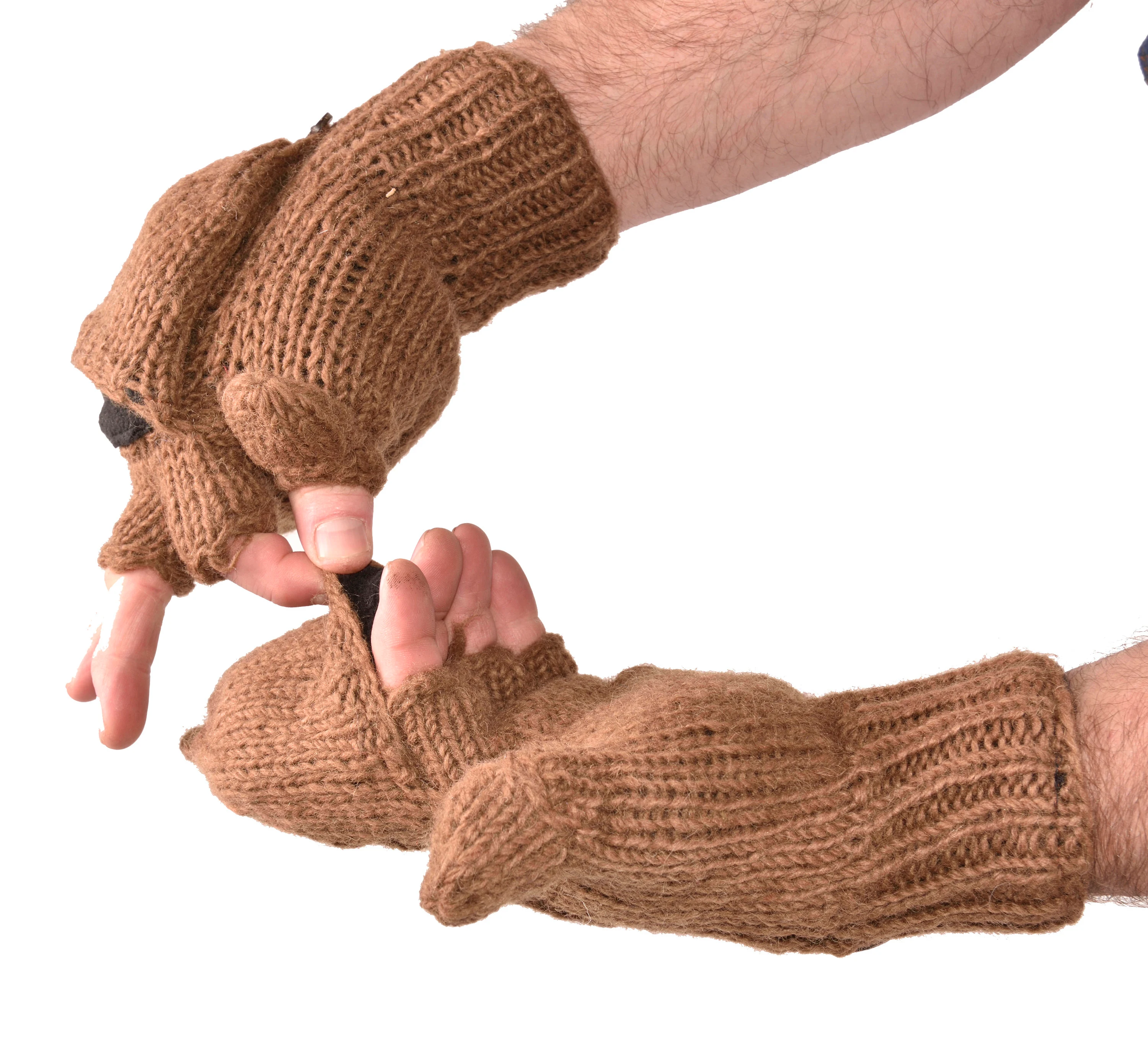 Hand Knitted Cable 100% Merino Wool Flip Top Snowboard Finger less Ski Fleece Lined Fingerless Mittens Convertible Texting Gloves