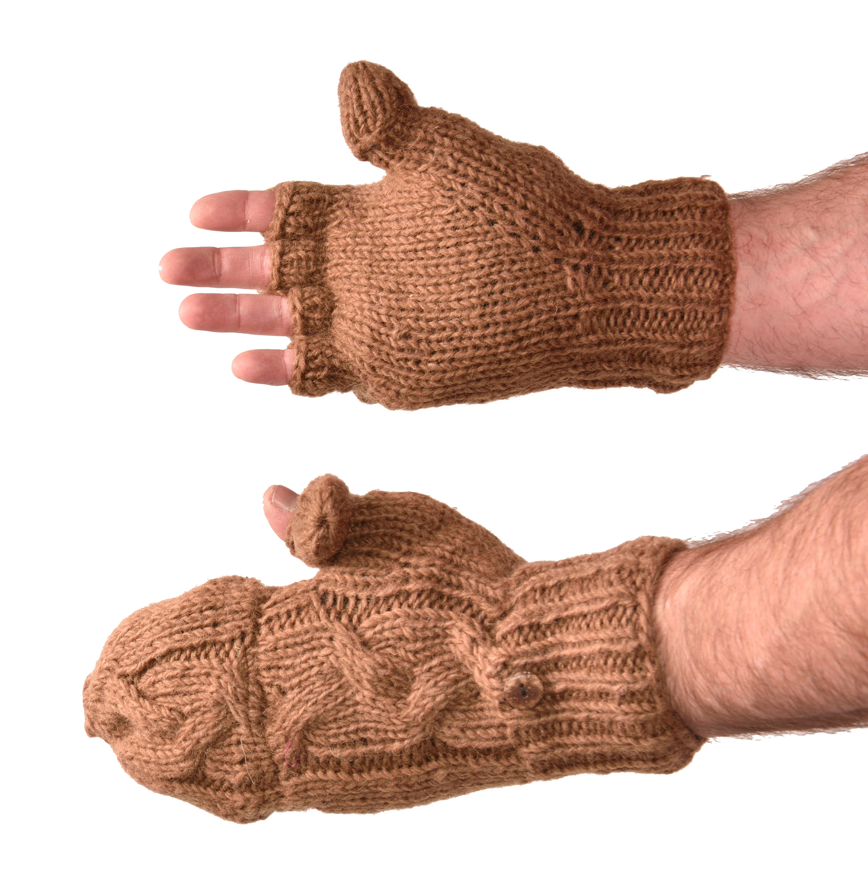 Hand Knitted Cable 100% Merino Wool Flip Top Snowboard Finger less Ski Fleece Lined Fingerless Mittens Convertible Texting Gloves