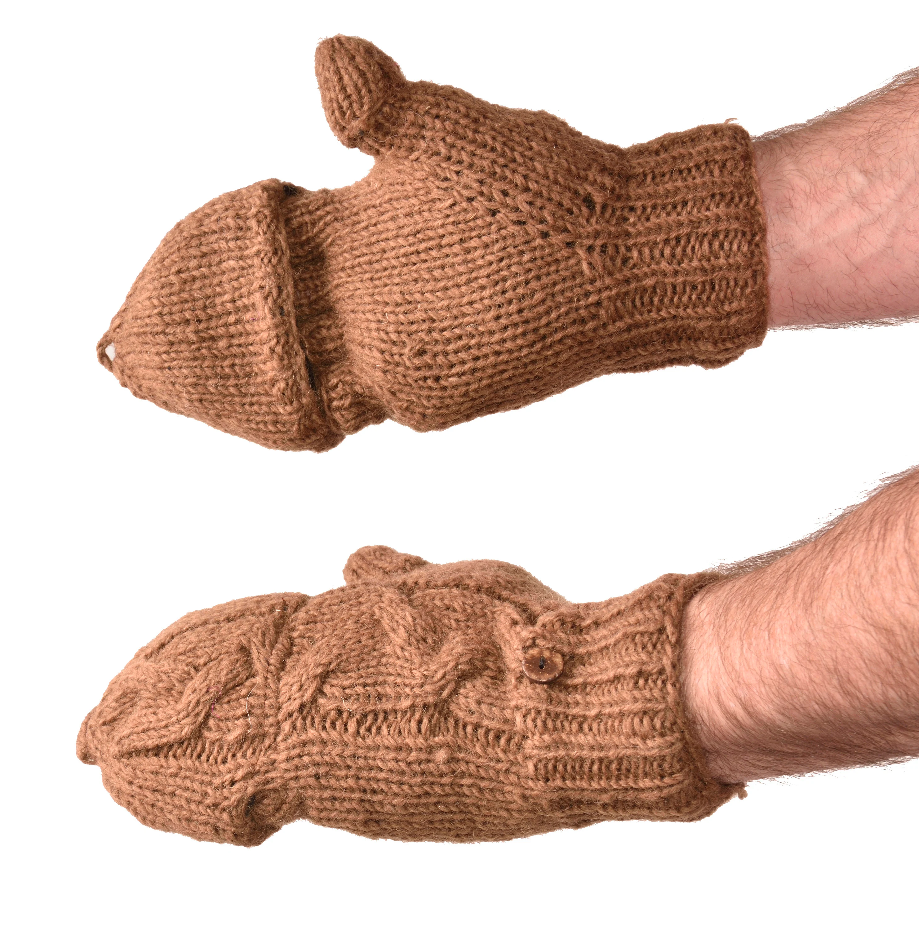 Hand Knitted Cable 100% Merino Wool Flip Top Snowboard Finger less Ski Fleece Lined Fingerless Mittens Convertible Texting Gloves