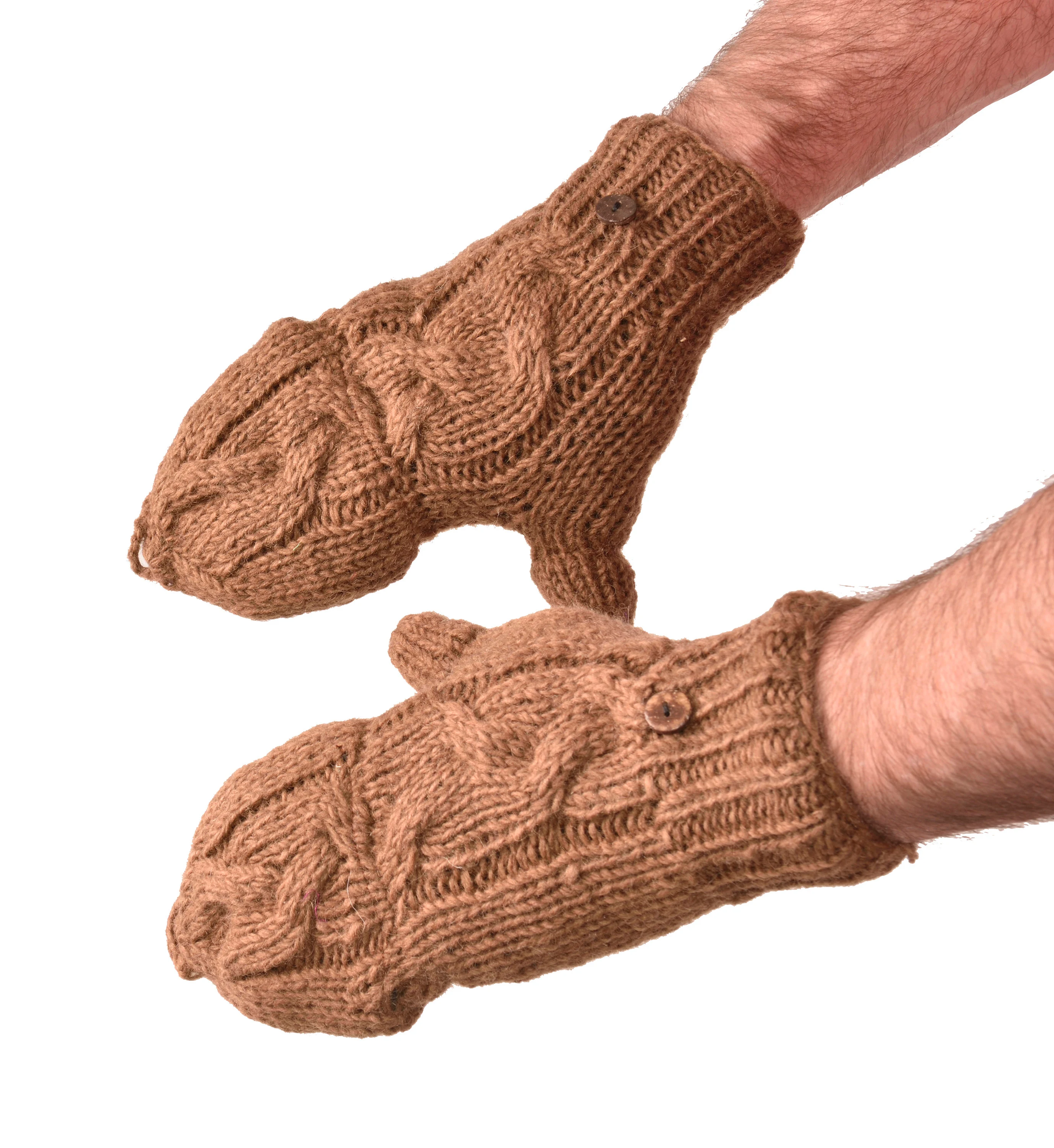 Hand Knitted Cable 100% Merino Wool Flip Top Snowboard Finger less Ski Fleece Lined Fingerless Mittens Convertible Texting Gloves