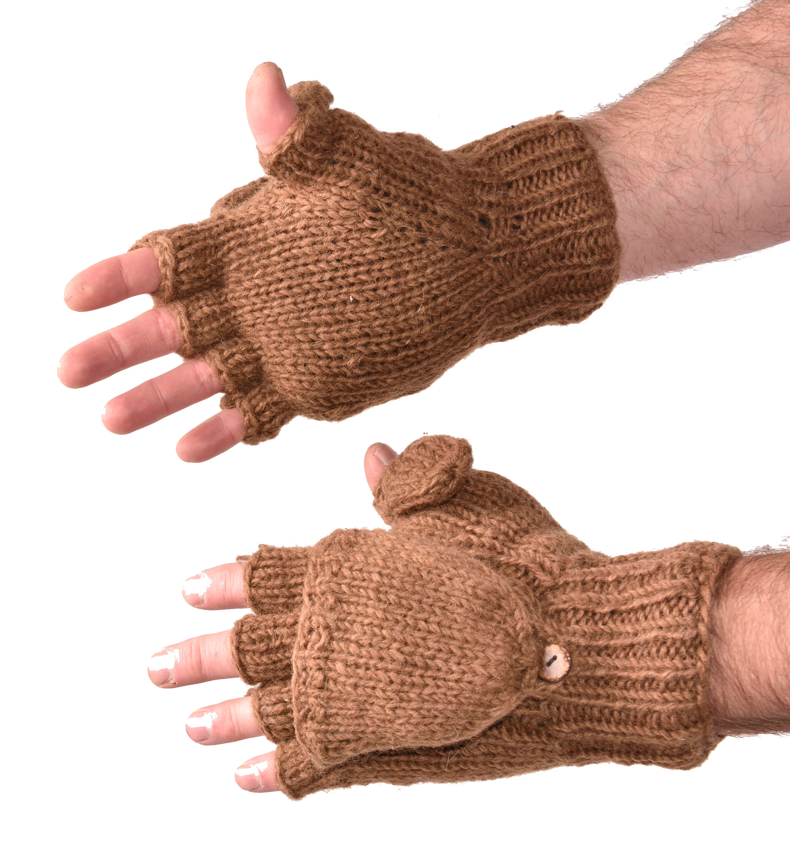 Hand Knitted Cable 100% Merino Wool Flip Top Snowboard Finger less Ski Fleece Lined Fingerless Mittens Convertible Texting Gloves