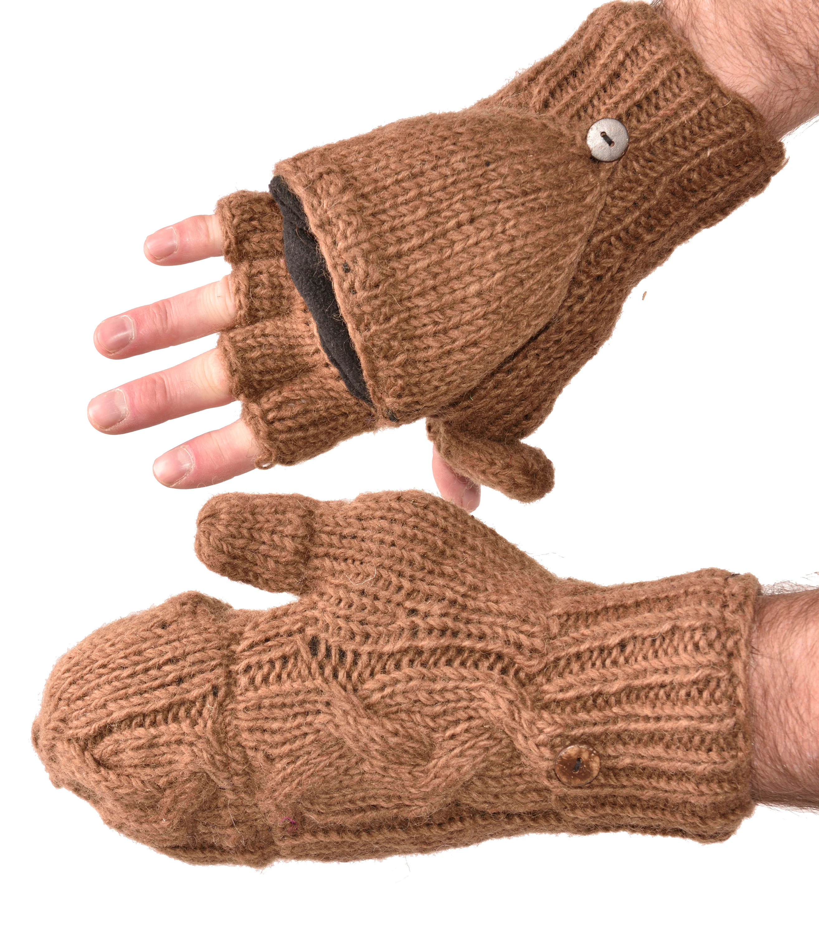 Hand Knitted Cable 100% Merino Wool Flip Top Snowboard Finger less Ski Fleece Lined Fingerless Mittens Convertible Texting Gloves