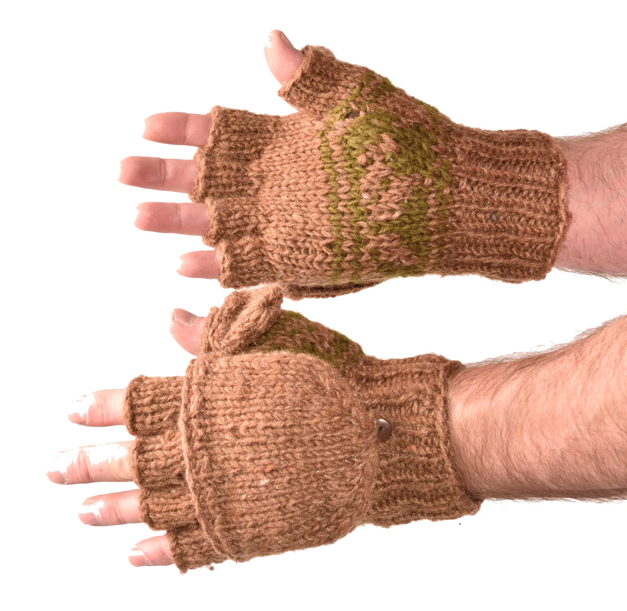 Hand Made 100% Merino Wool Flip Top Snowboard Finger less Ski Polar Fleece Lined Fingerless Nepalese Mittens Convertible Texting Gloves