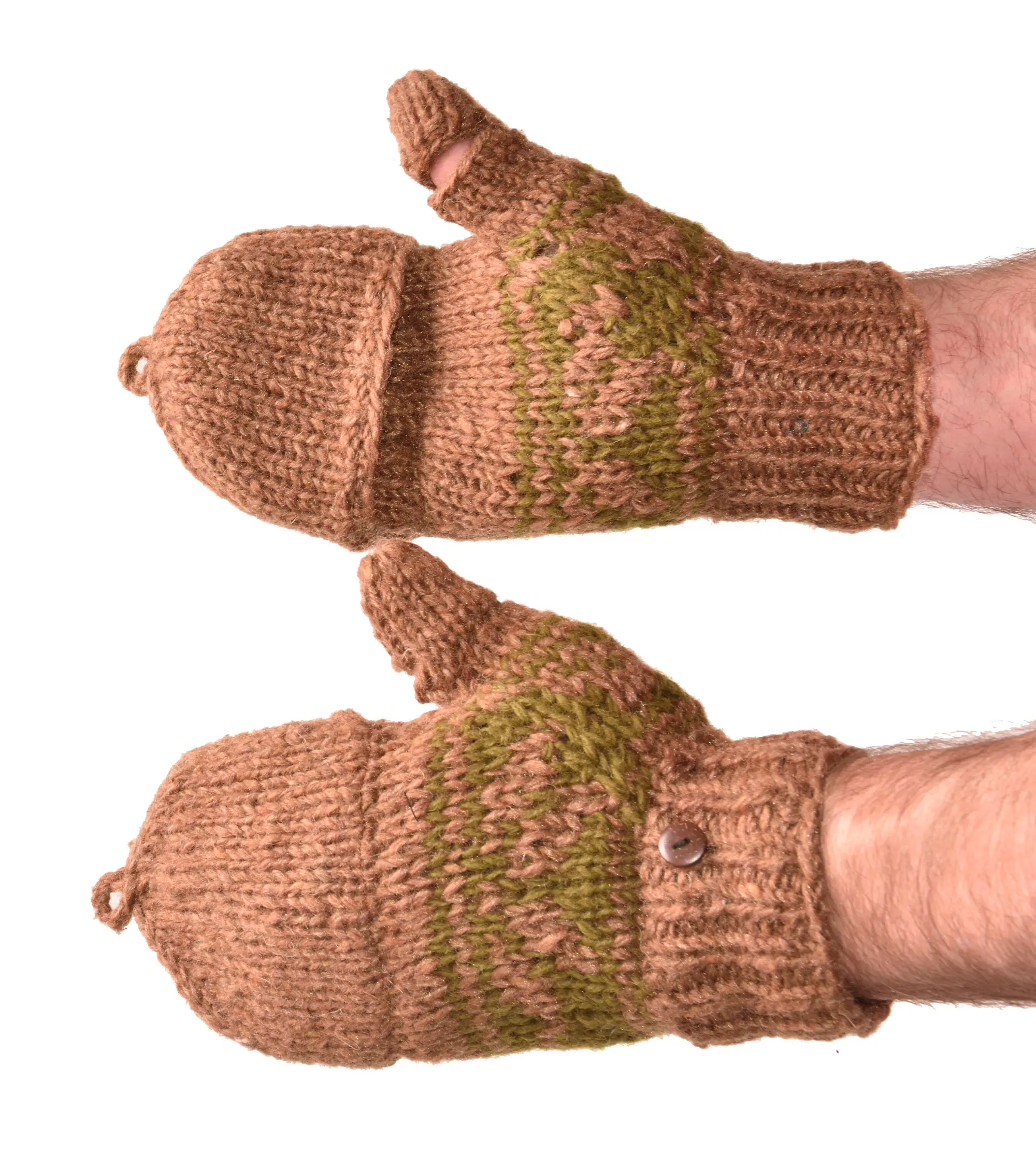 Hand Made 100% Merino Wool Flip Top Snowboard Finger less Ski Polar Fleece Lined Fingerless Nepalese Mittens Convertible Texting Gloves