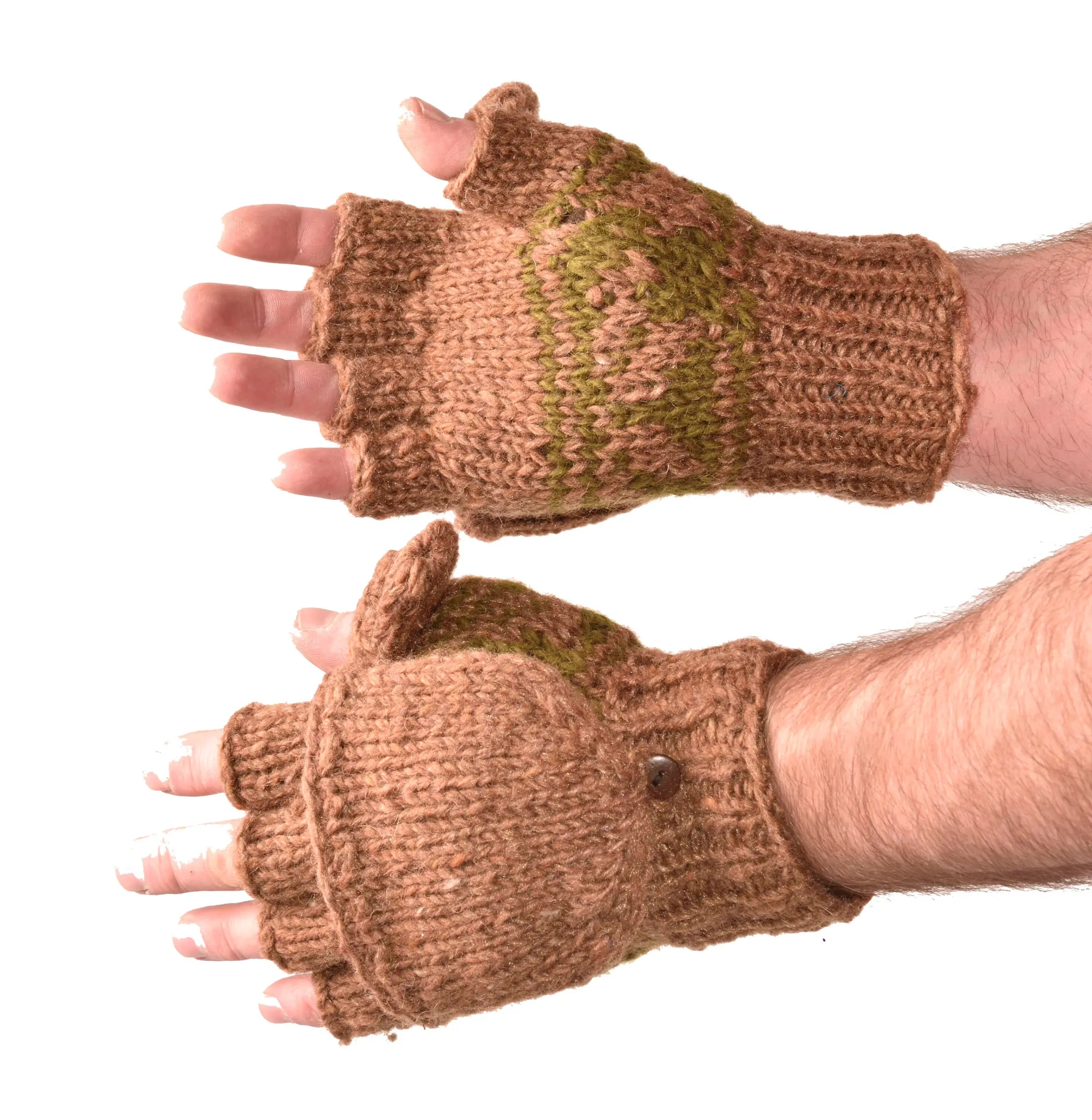 Hand Made 100% Merino Wool Flip Top Snowboard Finger less Ski Polar Fleece Lined Fingerless Nepalese Mittens Convertible Texting Gloves