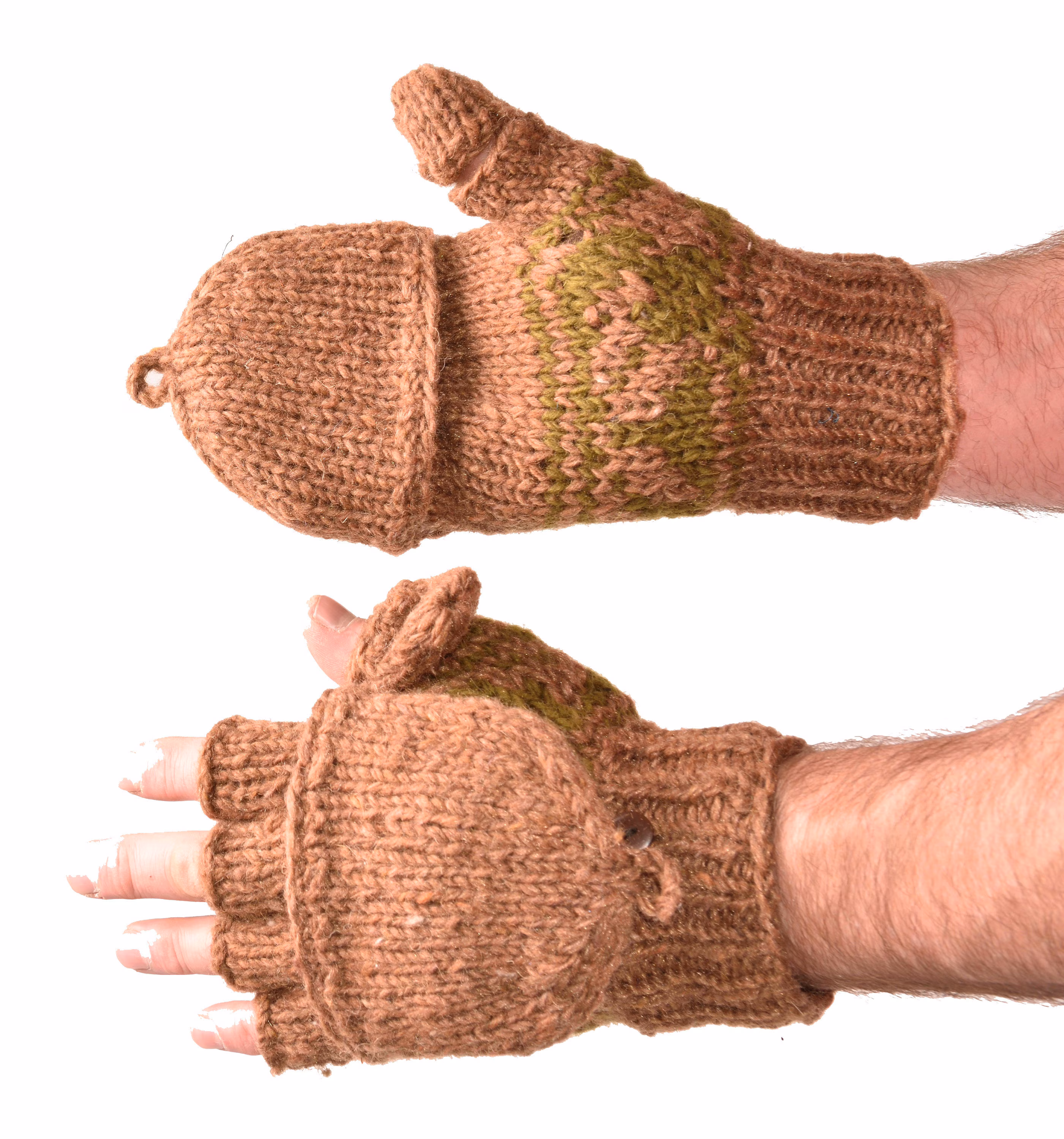 Hand Made 100% Merino Wool Flip Top Snowboard Finger less Ski Polar Fleece Lined Fingerless Nepalese Mittens Convertible Texting Gloves