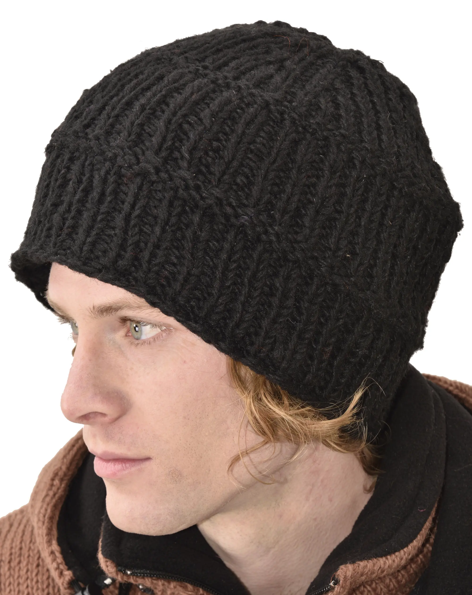 Hand Knitted 100% Merino Wool Snowboard Ski Himalayan Nepal Slouchy Beanie Polar Fleece Lined Woolen Stocking Cap Mens Winter Hat