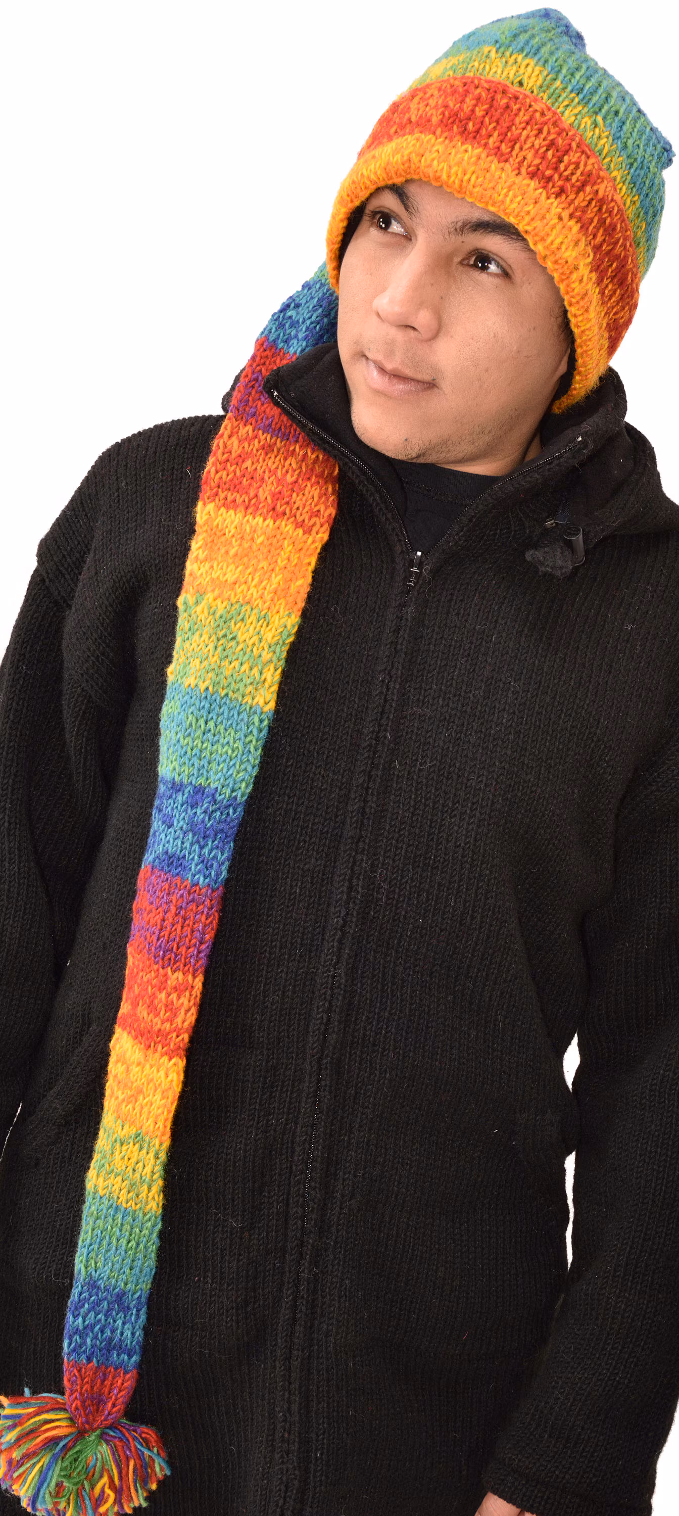 Hand Made 100% Merino Wool Long Tail Stocking Hat Scarves Combo Hooded Scarf Polar Fleece Lined Stocking Cap Hat and Winter Scarf Combo